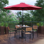 Lark 7 Piece Outdoor Patio Table Set with 4 Synthetic Teak Stackable Chairs, 35" Square Table, Red Umbrella & Base