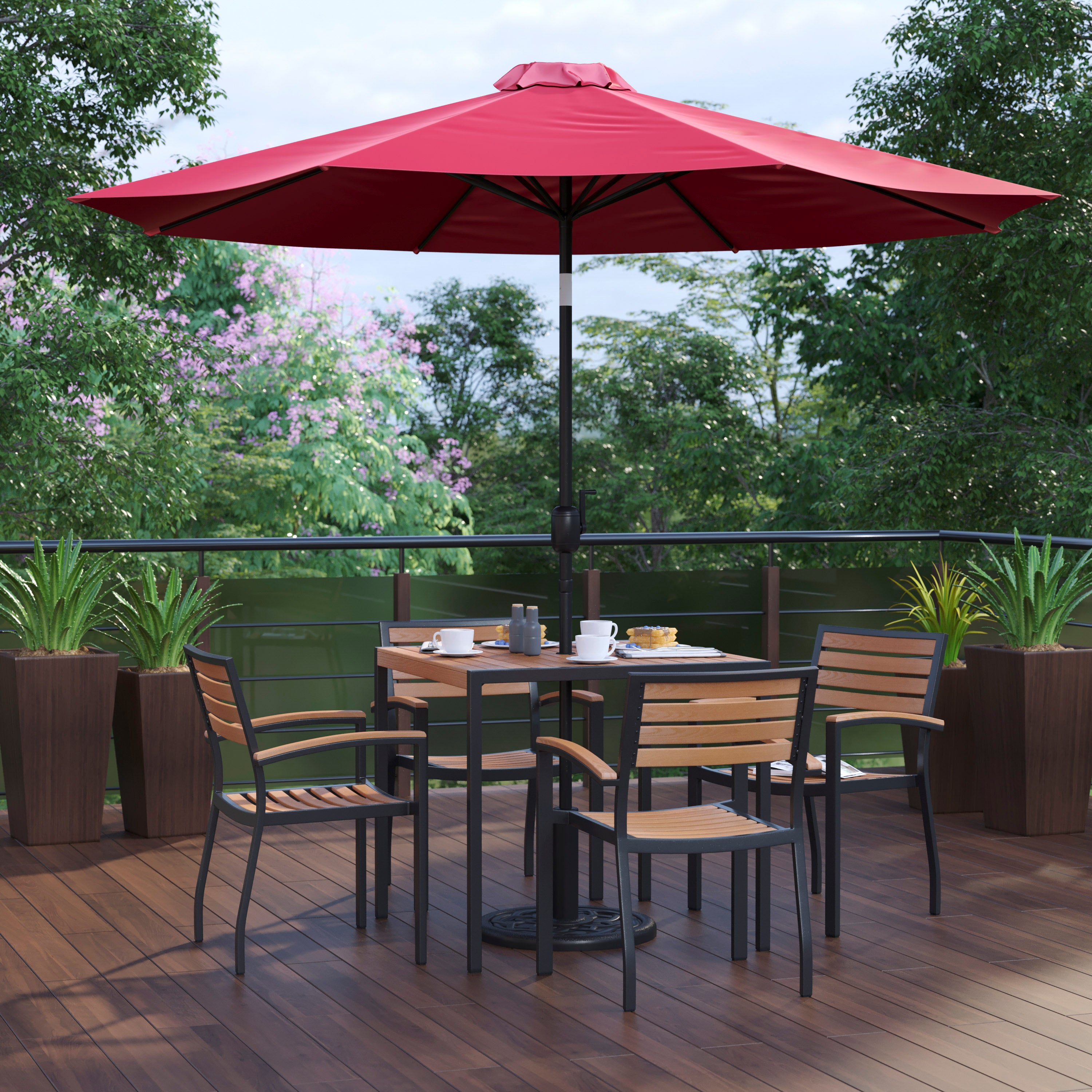 Lark 7 Piece Outdoor Patio Table Set with 4 Synthetic Teak Stackable Chairs, 35" Square Table, Red Umbrella & Base