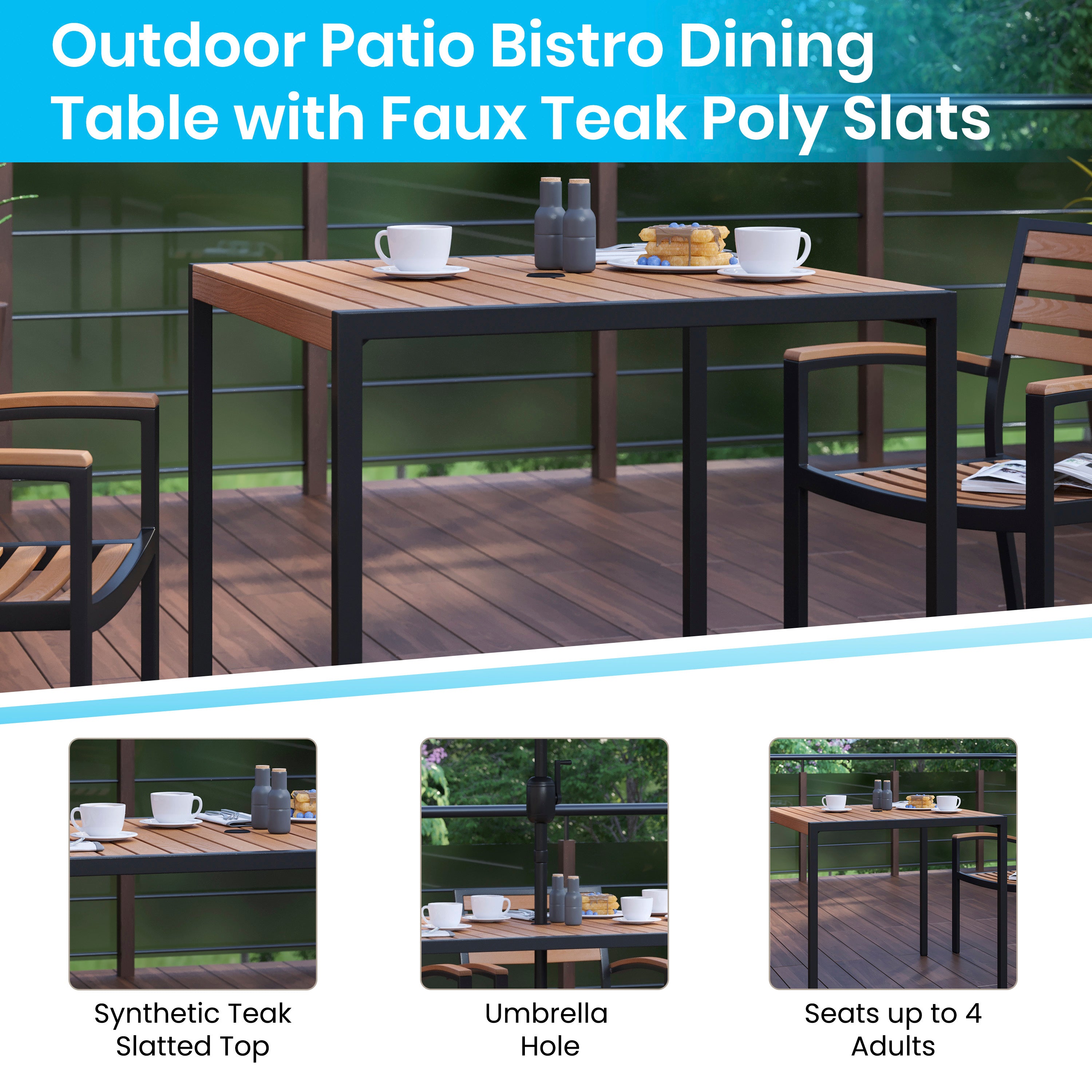 Lark 7 Piece Outdoor Patio Table Set with 4 Synthetic Teak Stackable Chairs, 35" Square Table, Red Umbrella & Base