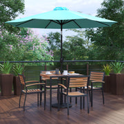 Lark 7 Piece Outdoor Patio Dining Table Set - 4 Synthetic Teak Stackable Chairs, 35" Square Table, Teal Umbrella & Base