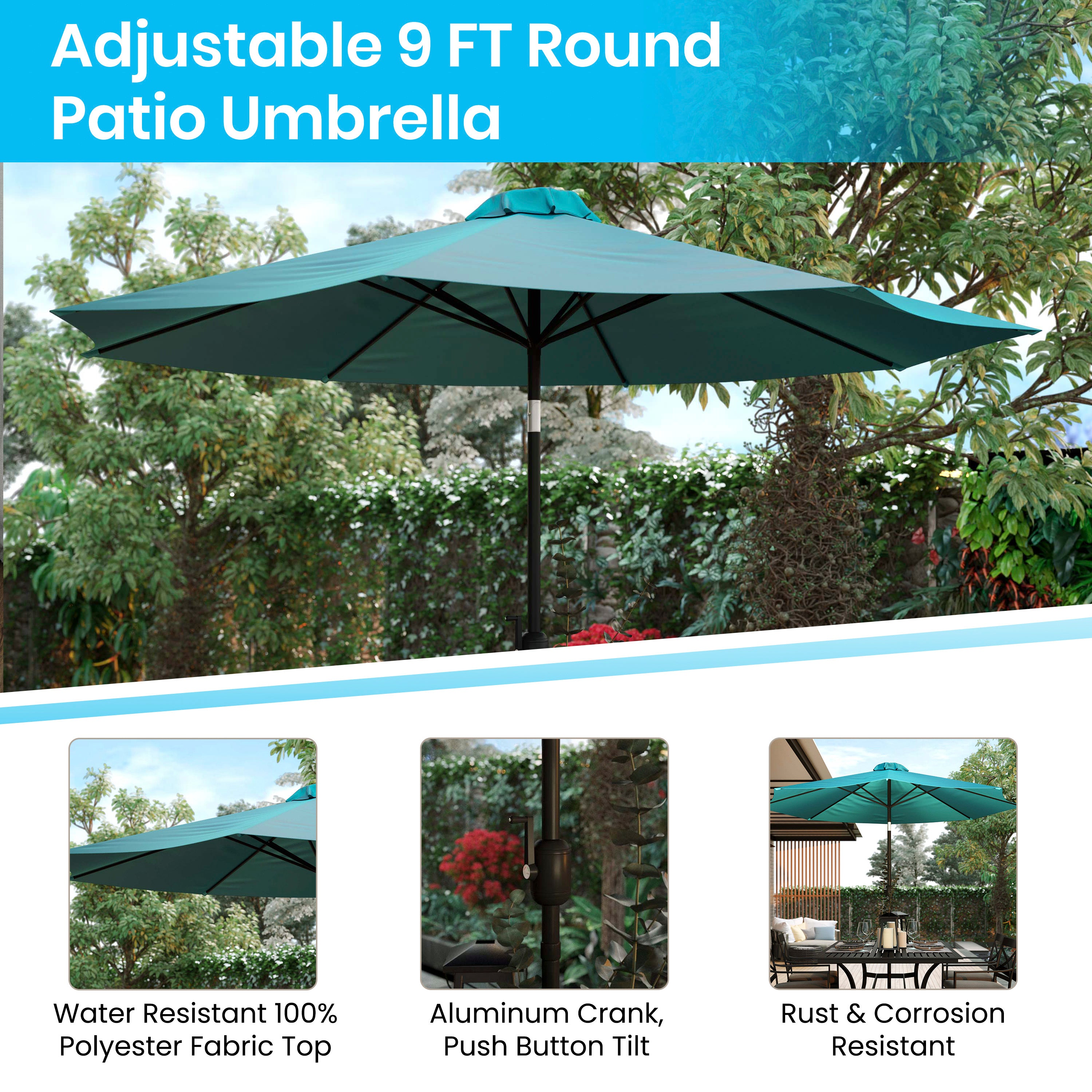 Lark 7 Piece Outdoor Patio Dining Table Set - 4 Synthetic Teak Stackable Chairs, 35" Square Table, Teal Umbrella & Base