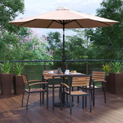 Lark 7 Piece Outdoor Patio Table Set with 4 Synthetic Teak Stackable Chairs, 35" Square Table, Tan Umbrella & Base