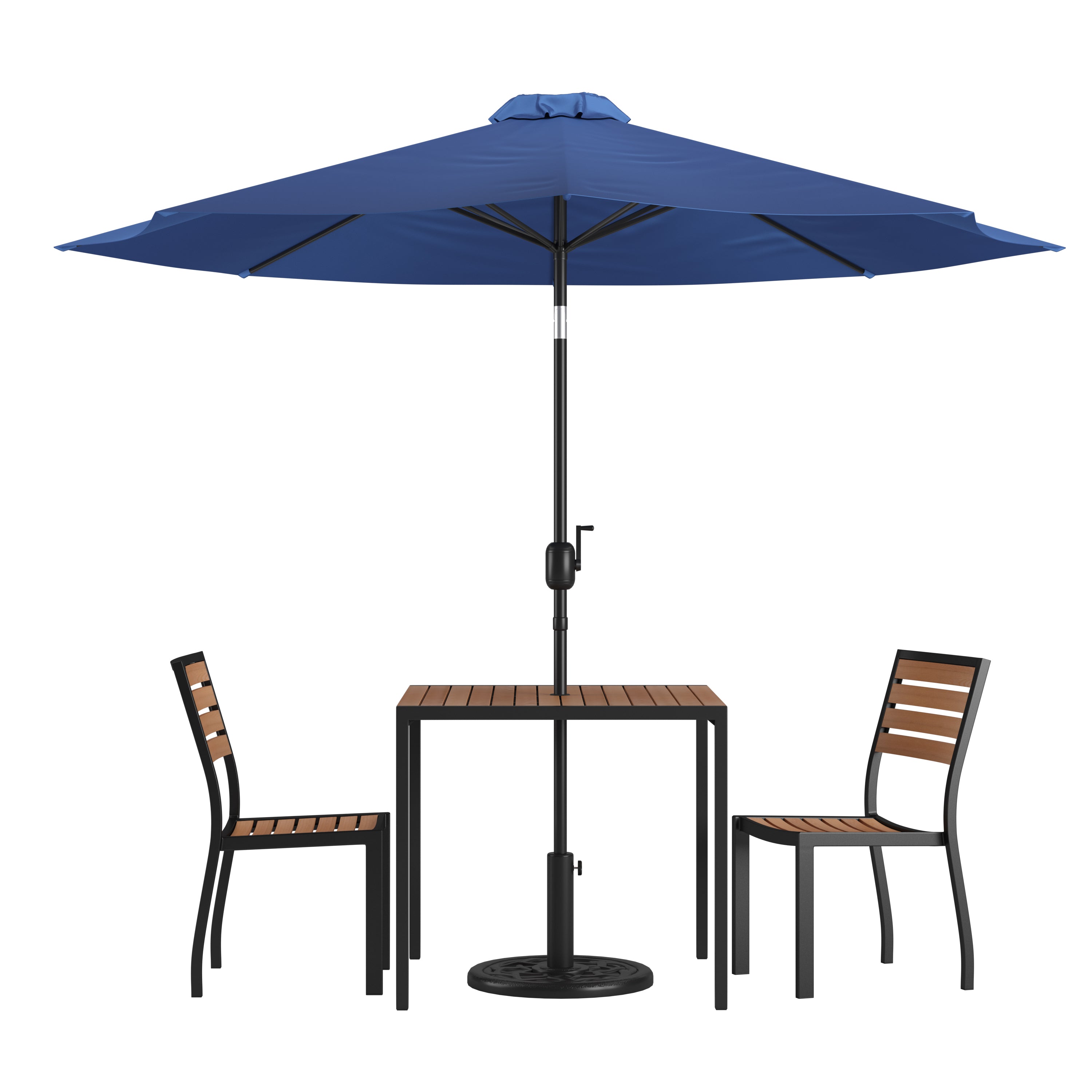 Lark 5 Piece All-Weather Deck or Patio Set-2 Stacking Faux Teak Chairs, 35" Square Faux Teak Table, Navy Umbrella & Base