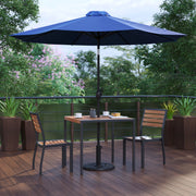 Lark 5 Piece All-Weather Deck or Patio Set-2 Stacking Faux Teak Chairs, 35" Square Faux Teak Table, Navy Umbrella & Base