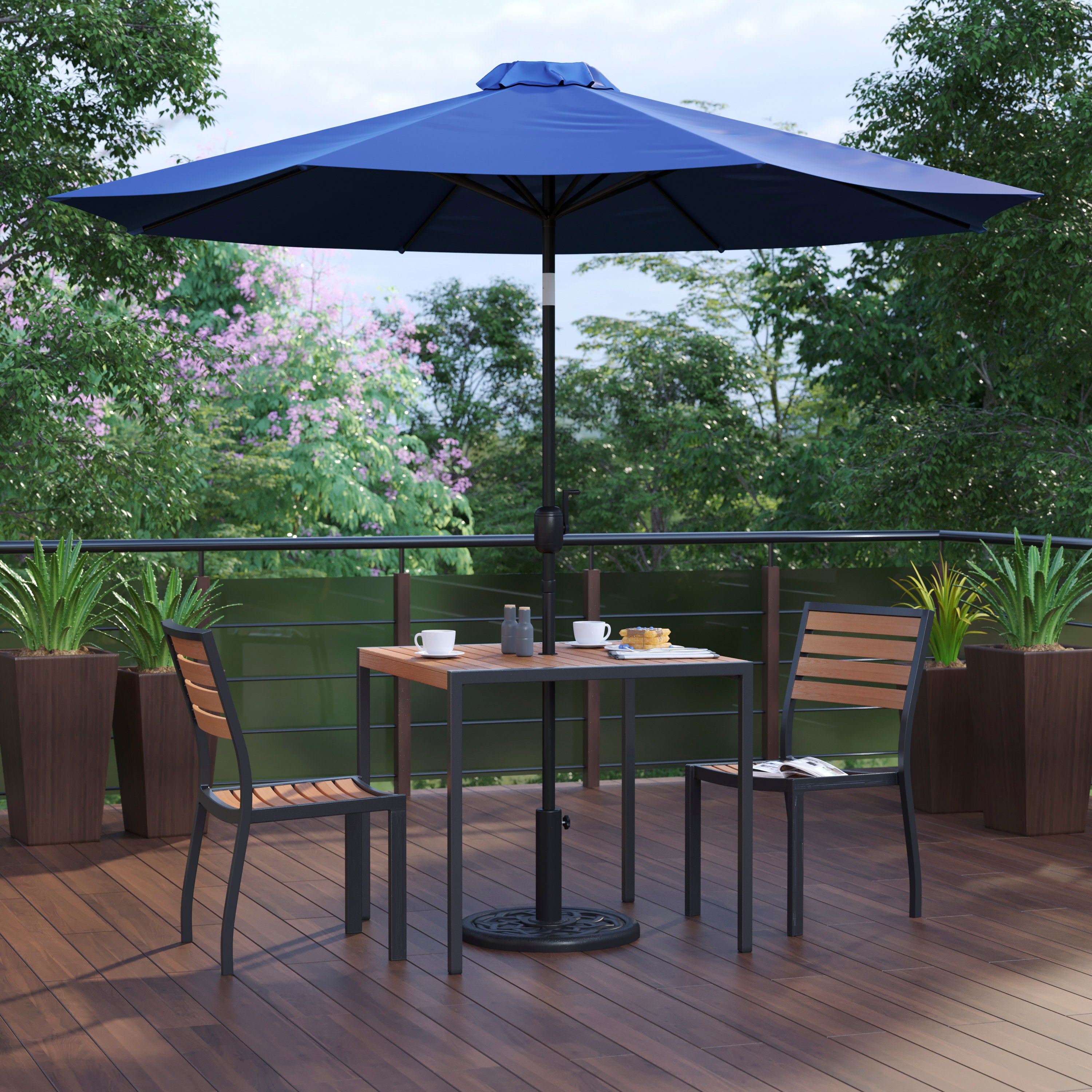 Lark 5 Piece All-Weather Deck or Patio Set-2 Stacking Faux Teak Chairs, 35" Square Faux Teak Table, Navy Umbrella & Base