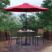 Lark 5 Piece All-Weather Deck or Patio Set - 2 Stacking Faux Teak Chairs, 35" Square Faux Teak Table, Red Umbrella & Base