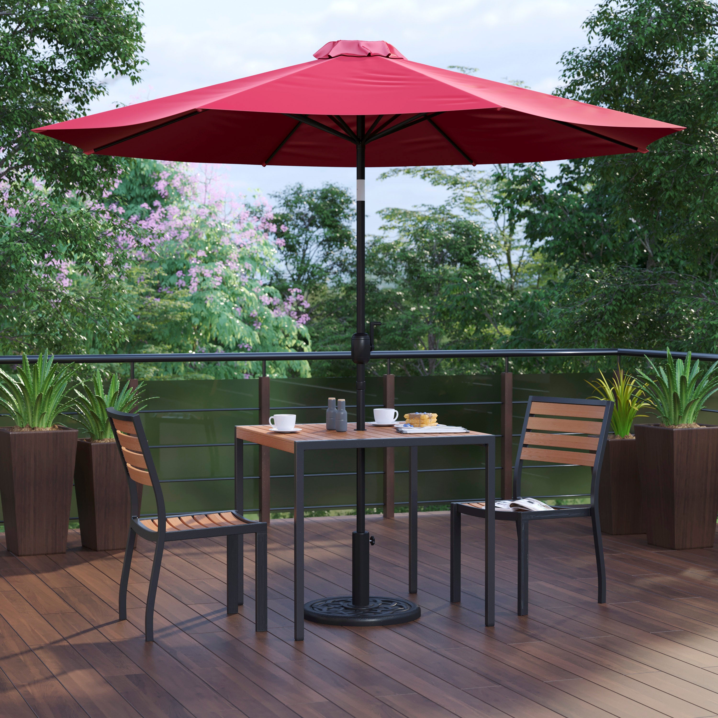Lark 5 Piece All-Weather Deck or Patio Set - 2 Stacking Faux Teak Chairs, 35" Square Faux Teak Table, Red Umbrella & Base