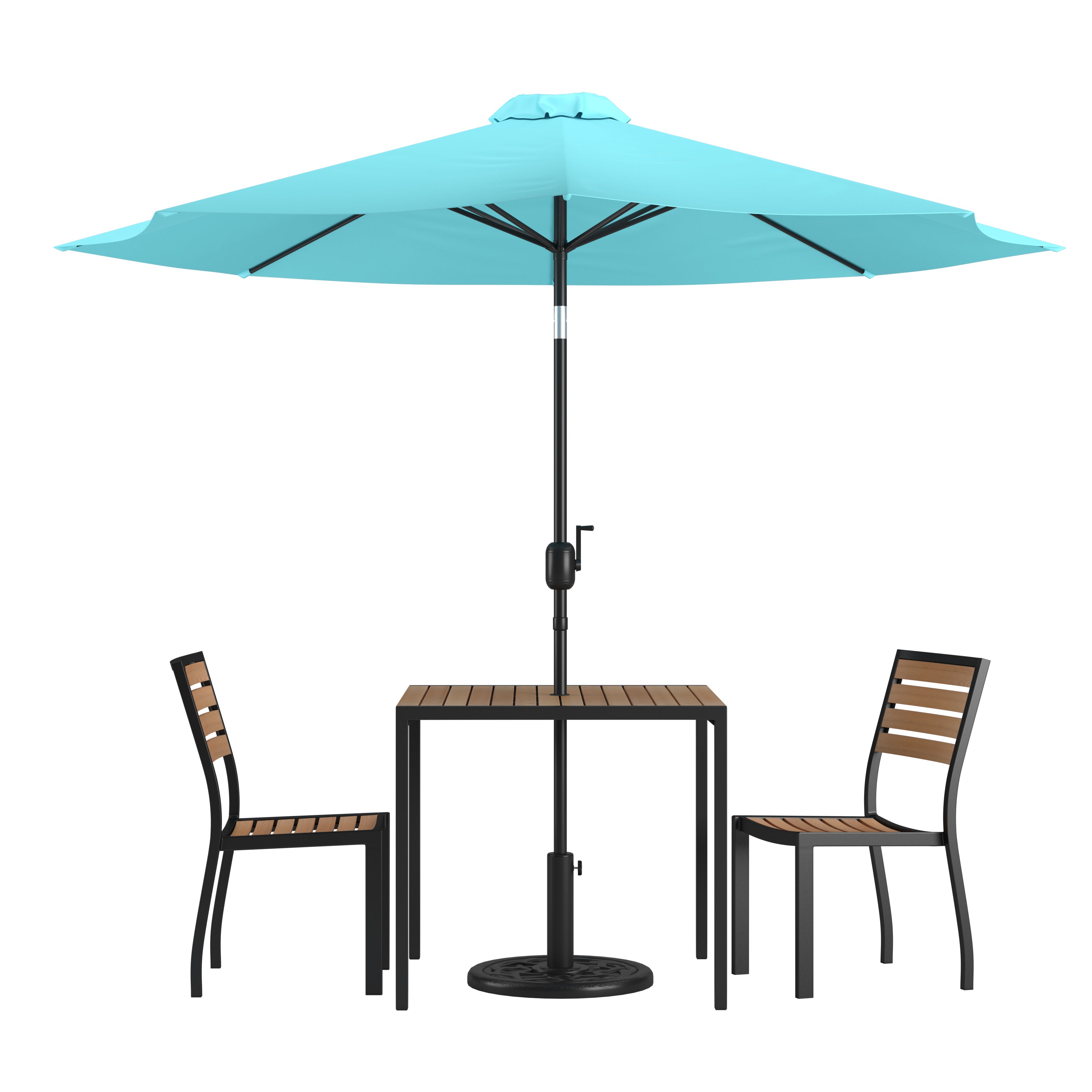 Lark 5 Piece All-Weather Deck or Patio Set-2 Stacking Faux Teak Chairs, 35" Square Faux Teak Table, Teal Umbrella & Base