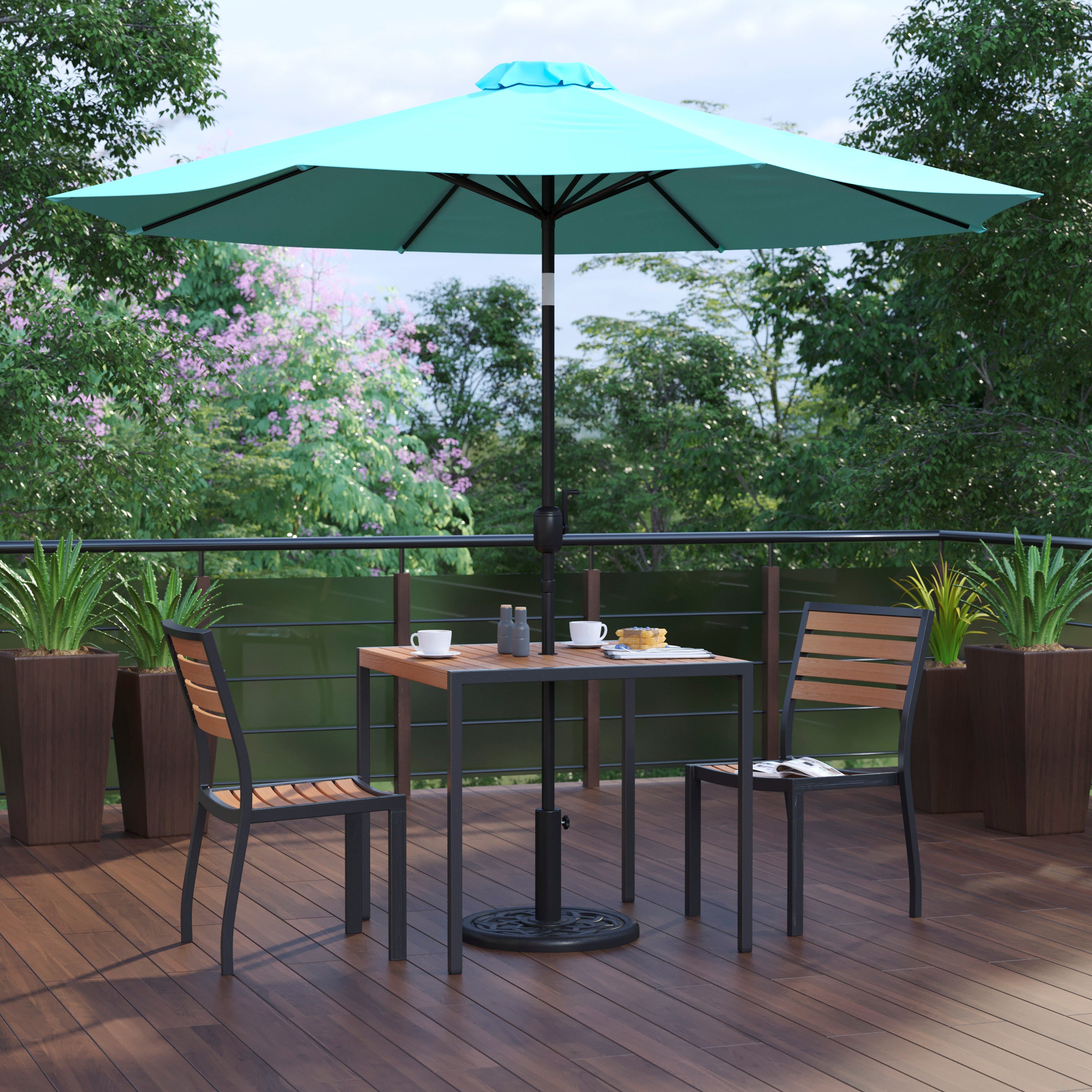 Lark 5 Piece All-Weather Deck or Patio Set-2 Stacking Faux Teak Chairs, 35" Square Faux Teak Table, Teal Umbrella & Base