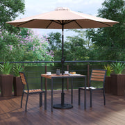 Lark 5 Piece All-Weather Deck or Patio Set - 2 Stacking Faux Teak Chairs, 35" Square Faux Teak Table, Tan Umbrella & Base