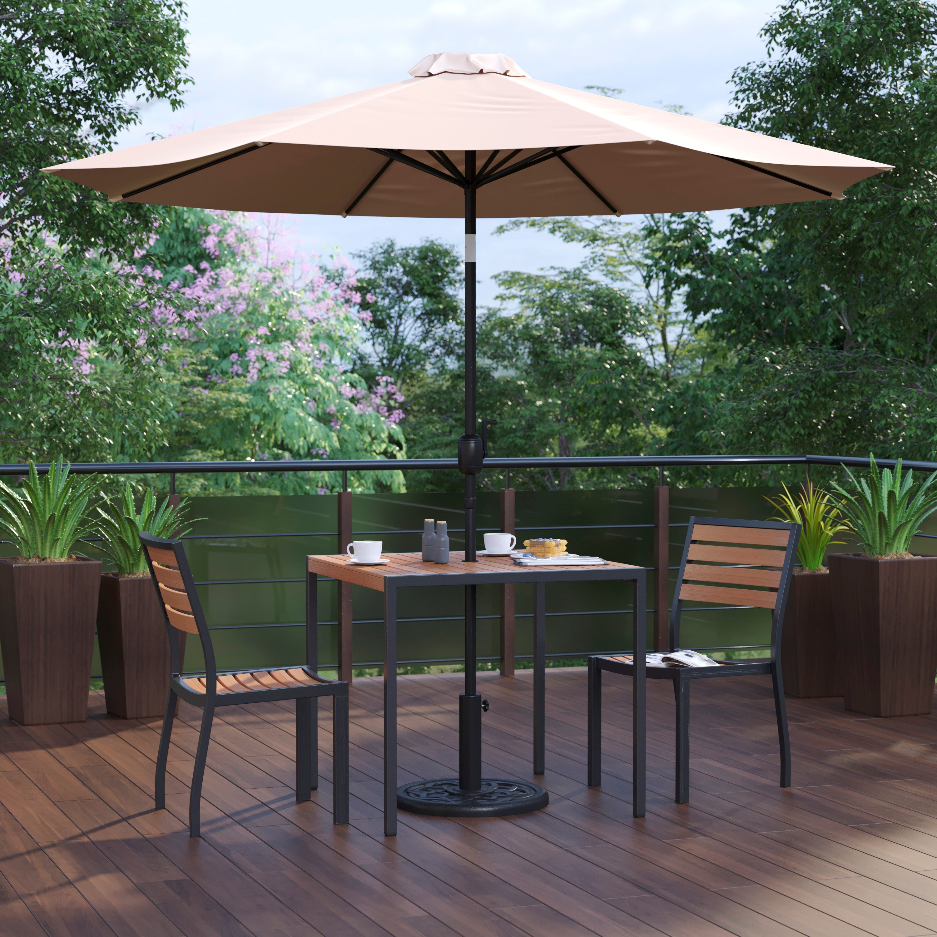 Lark 5 Piece All-Weather Deck or Patio Set - 2 Stacking Faux Teak Chairs, 35" Square Faux Teak Table, Tan Umbrella & Base