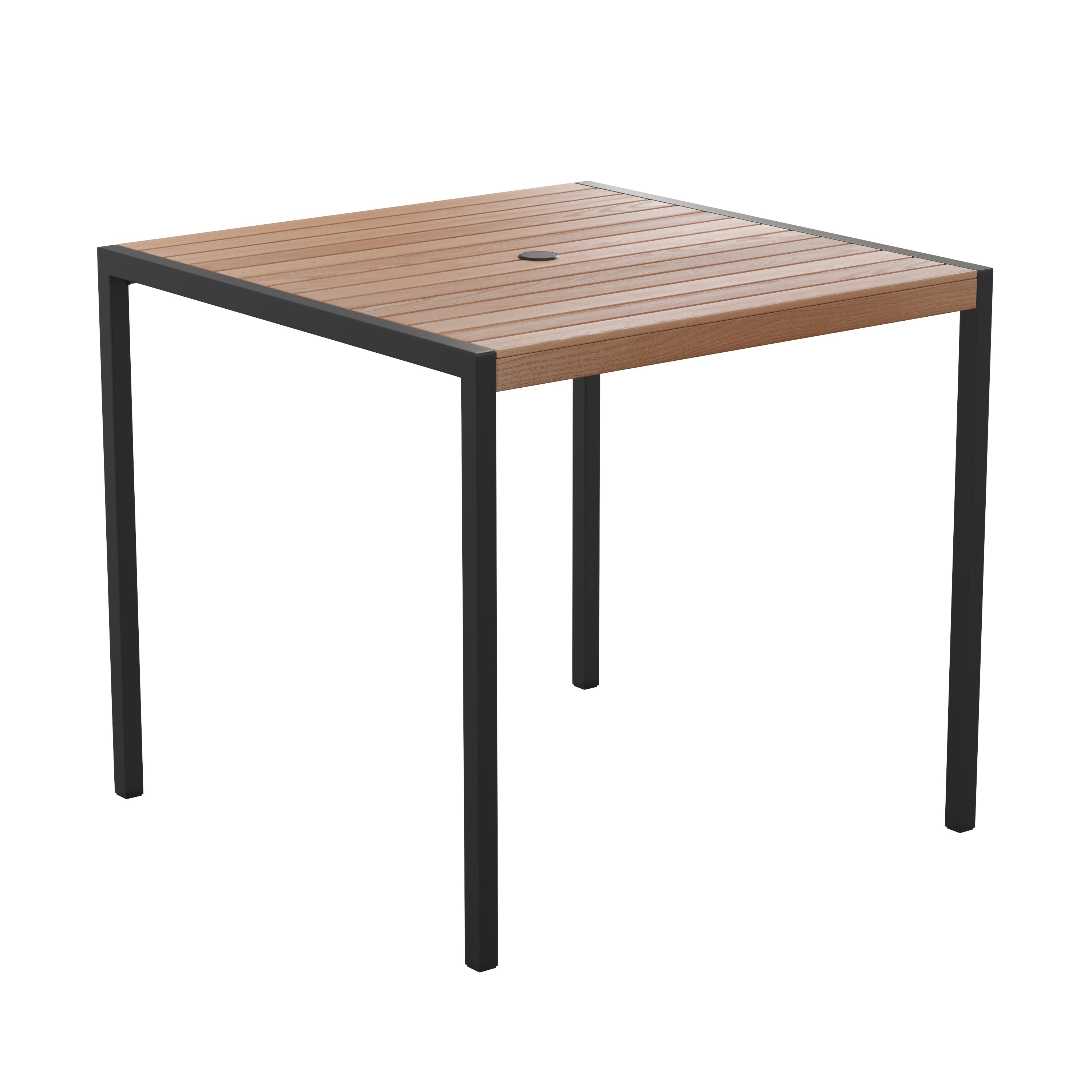 Lark 5 Piece Patio Table Set - Synthetic Teak Poly Slats - 35" Square Steel Framed Table with 4 Stackable Faux Teak Chairs