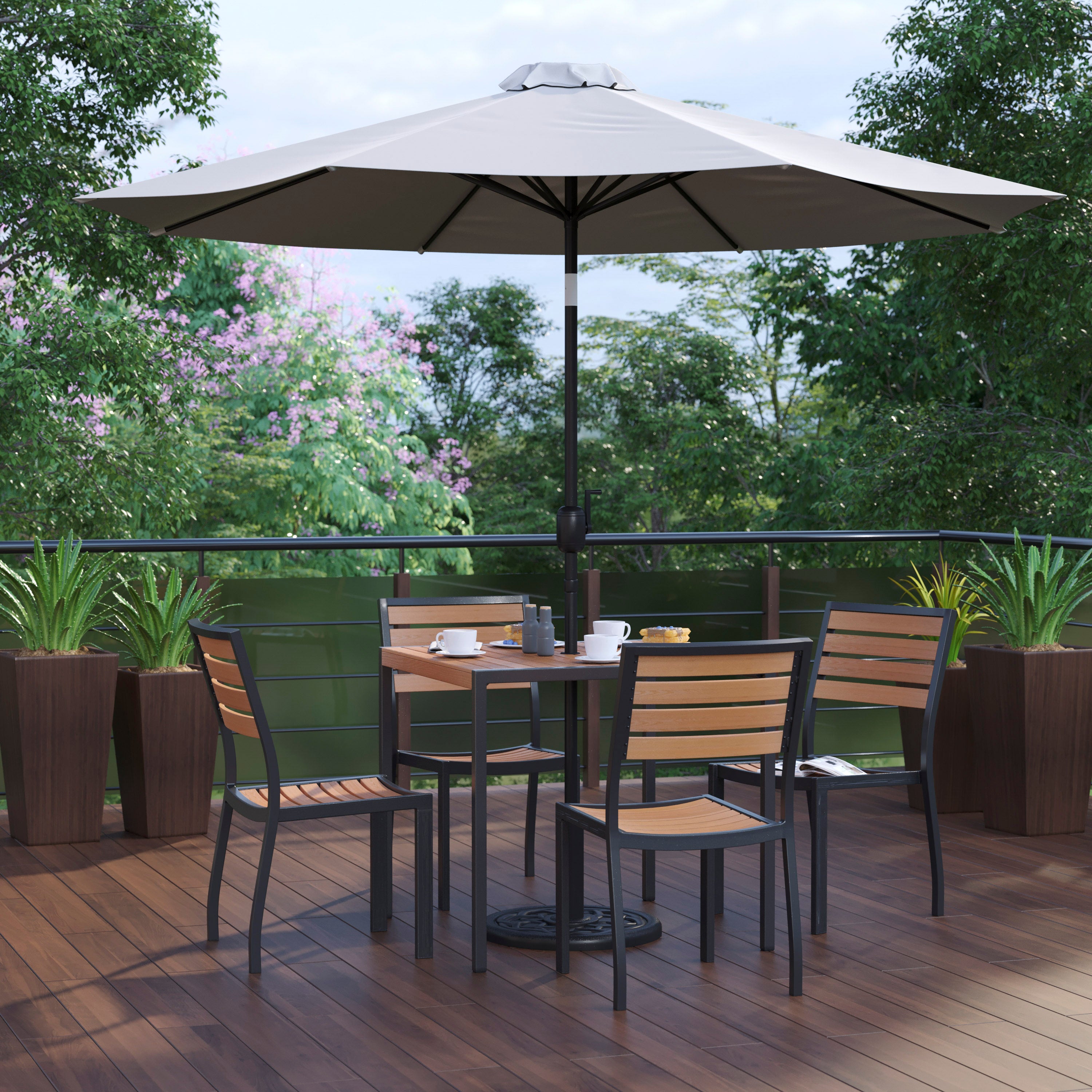 Lark 7 Piece All-Weather Deck or Patio Set-4 Stacking Faux Teak Chairs, 35" Square Faux Teak Table, Gray Umbrella & Base