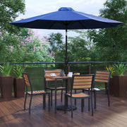 Lark 7 Piece All-Weather Deck or Patio Set-4 Stacking Faux Teak Chairs, 35" Square Faux Teak Table, Navy Umbrella & Base