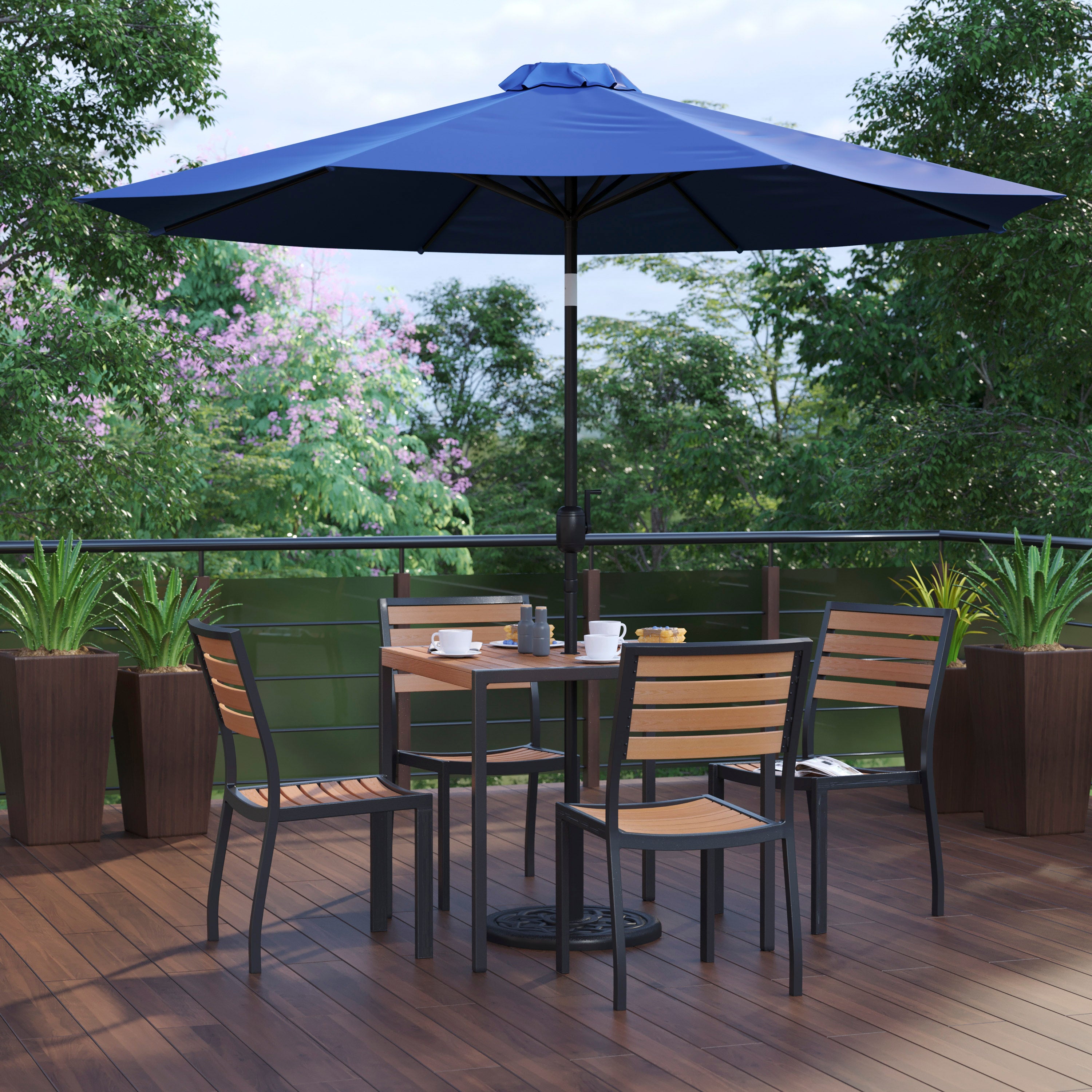 Lark 7 Piece All-Weather Deck or Patio Set-4 Stacking Faux Teak Chairs, 35" Square Faux Teak Table, Navy Umbrella & Base