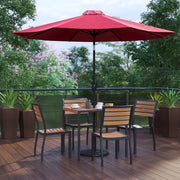 Lark 7 Piece All-Weather Deck or Patio Set - 4 Stacking Faux Teak Chairs, 35" Square Faux Teak Table, Red Umbrella & Base