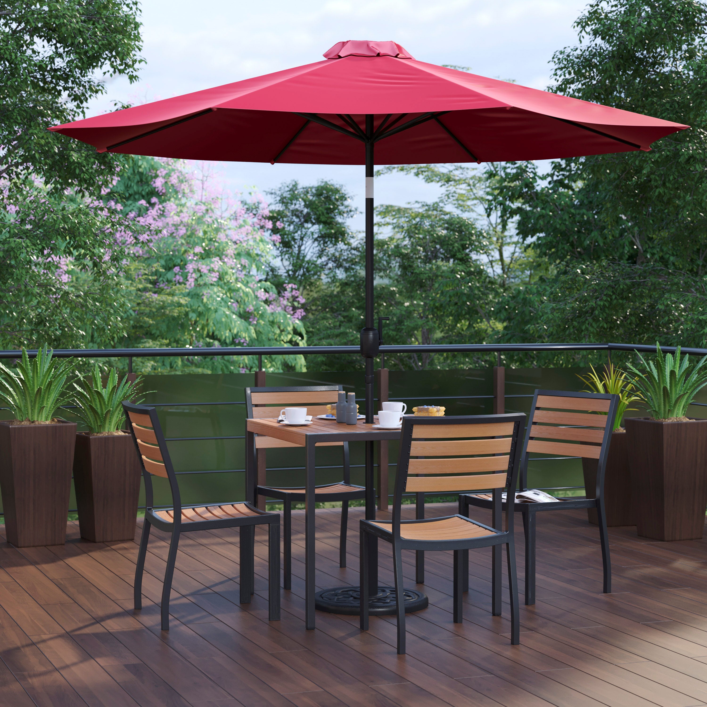 Lark 7 Piece All-Weather Deck or Patio Set - 4 Stacking Faux Teak Chairs, 35" Square Faux Teak Table, Red Umbrella & Base