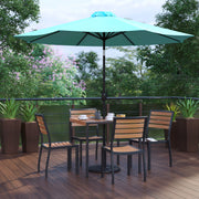 Lark 7 Piece All-Weather Deck or Patio Set-4 Stacking Faux Teak Chairs, 35" Square Faux Teak Table, Teal Umbrella & Base