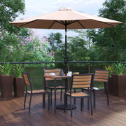 Lark 7 Piece All-Weather Deck or Patio Set - 4 Stacking Faux Teak Chairs, 35" Square Faux Teak Table, Tan Umbrella & Base