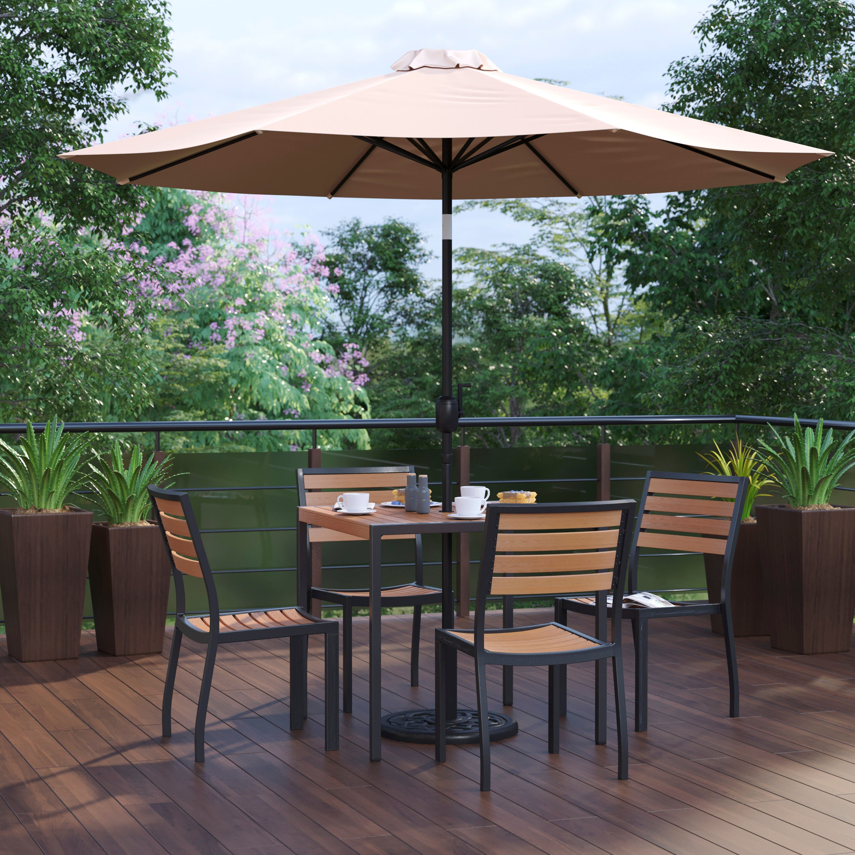 Lark 7 Piece All-Weather Deck or Patio Set - 4 Stacking Faux Teak Chairs, 35" Square Faux Teak Table, Tan Umbrella & Base