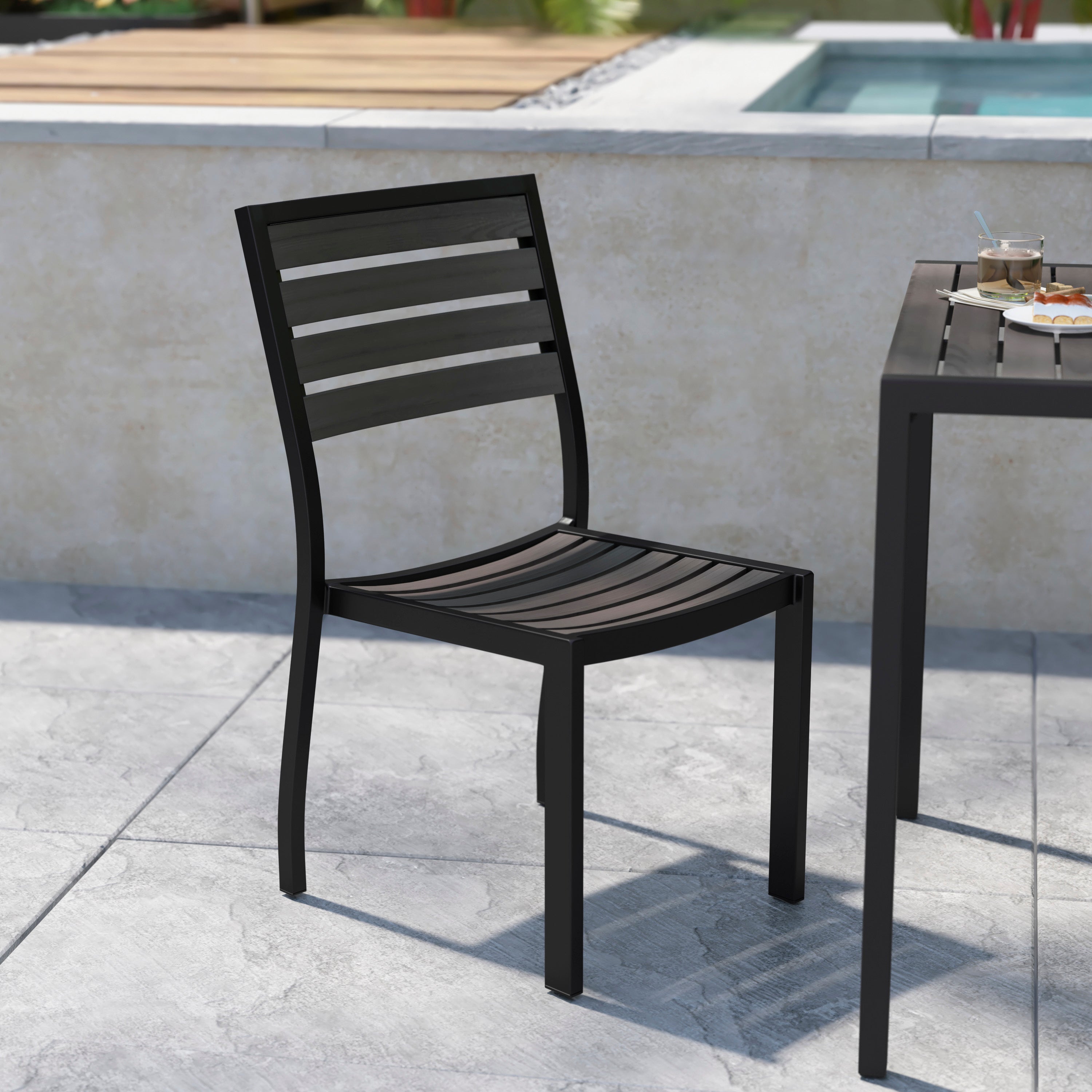 Lark Outdoor Stackable Side Chair with Faux Gray Wash Teak Poly Slats