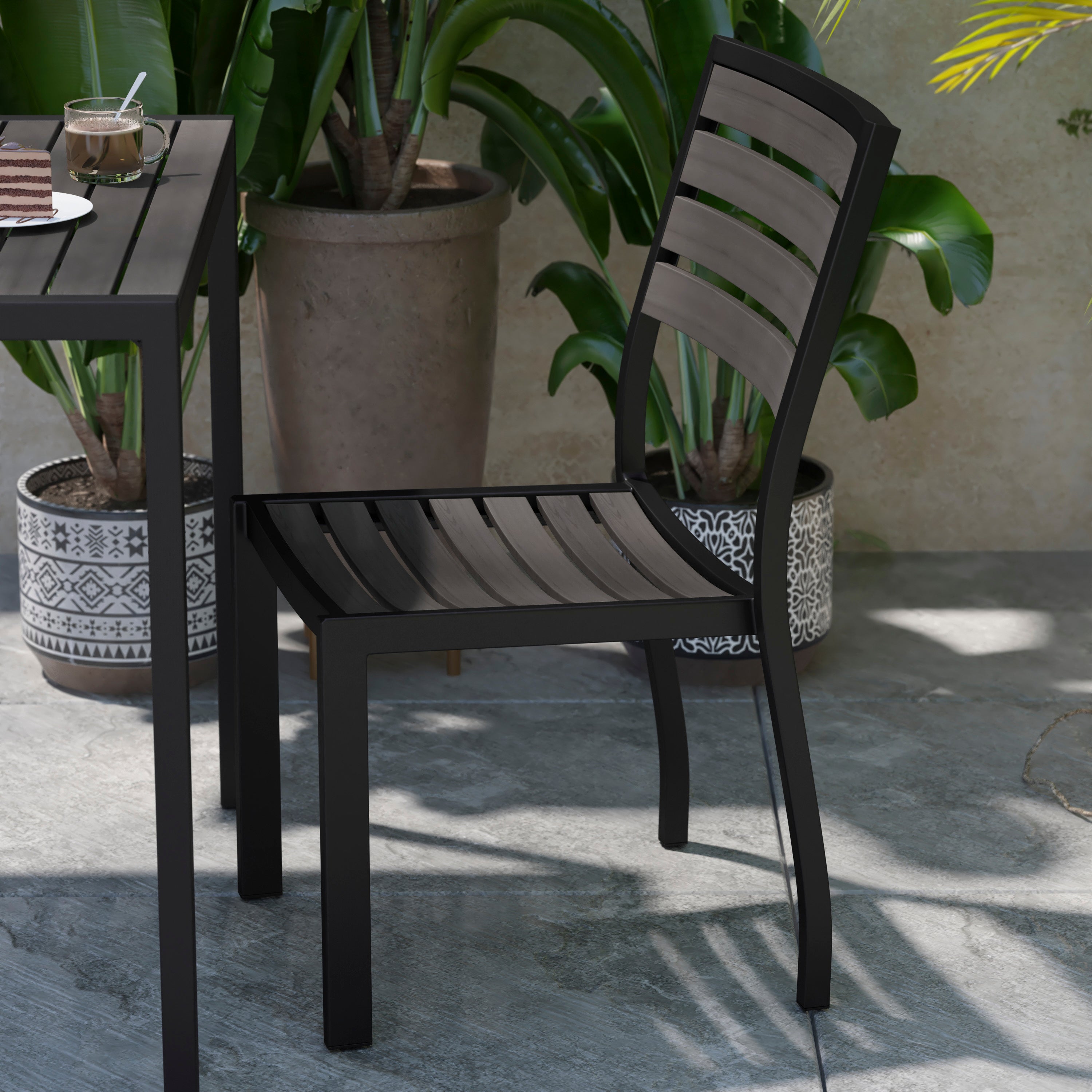 Lark Outdoor Stackable Side Chair with Faux Gray Wash Teak Poly Slats