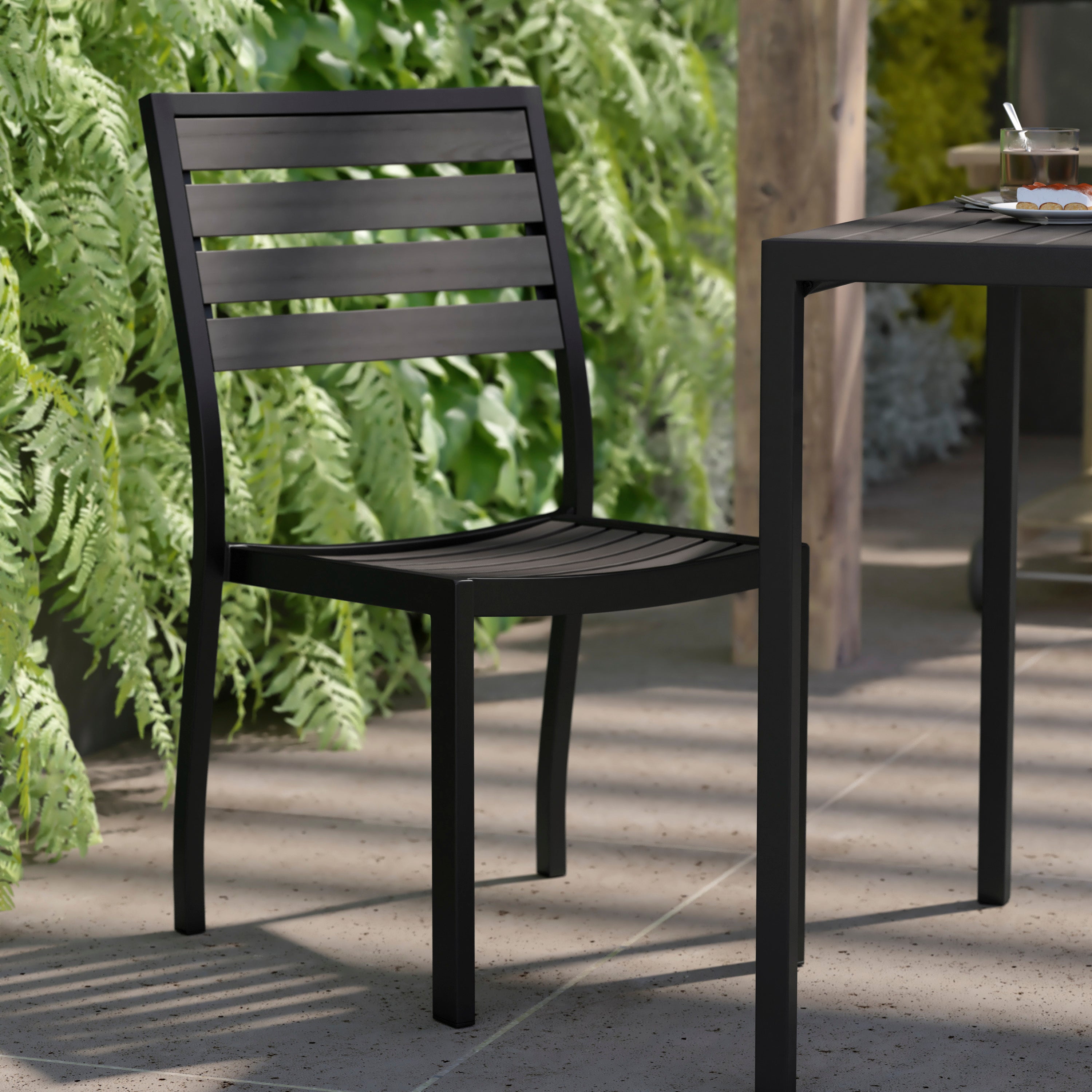 Lark Outdoor Stackable Side Chair with Faux Gray Wash Teak Poly Slats