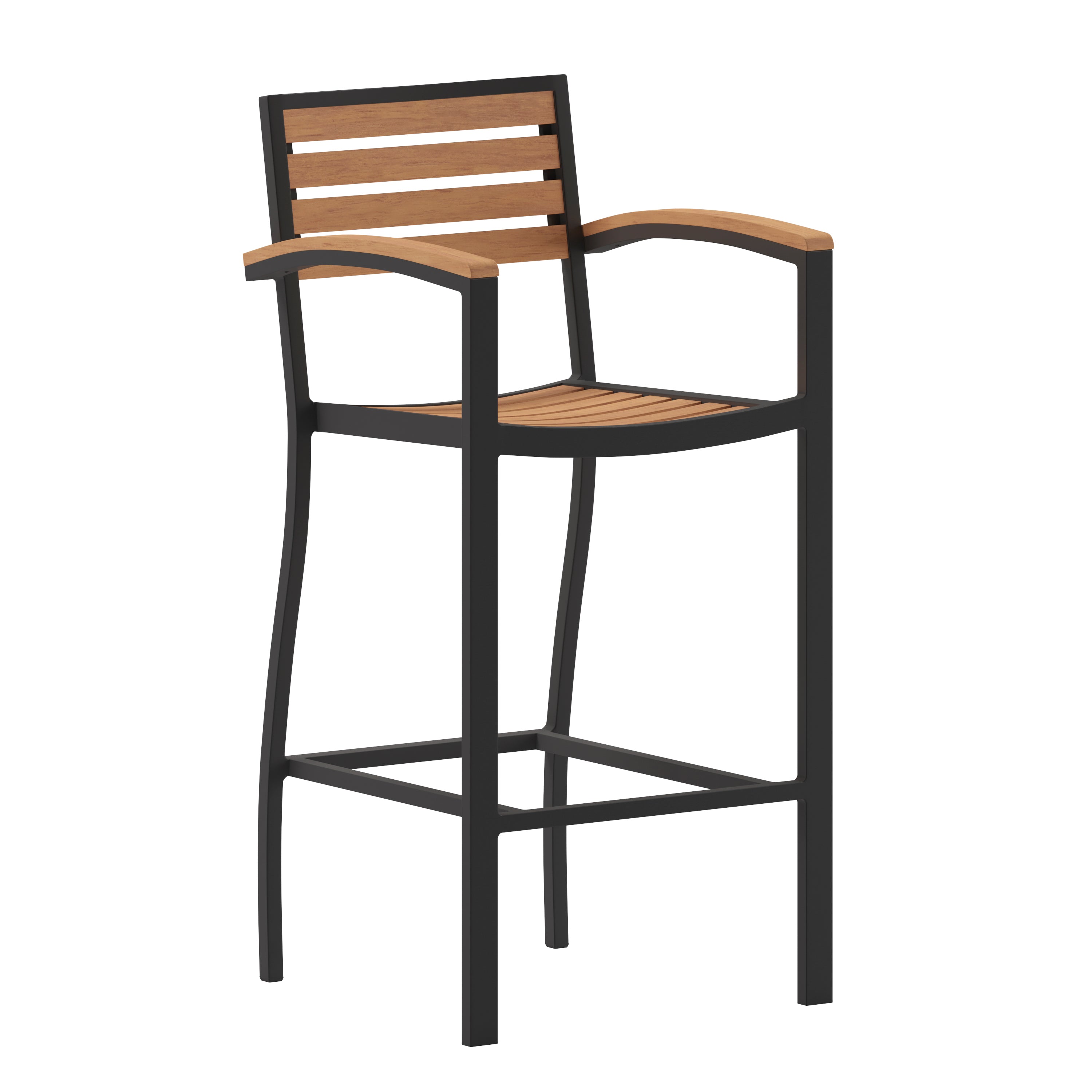 Lark Commercial Grade Bar Height Stool with Arms, All-Weather Outdoor Bar Stool with Faux Wood Poly Resin Slats and Aluminum Frame, Teak