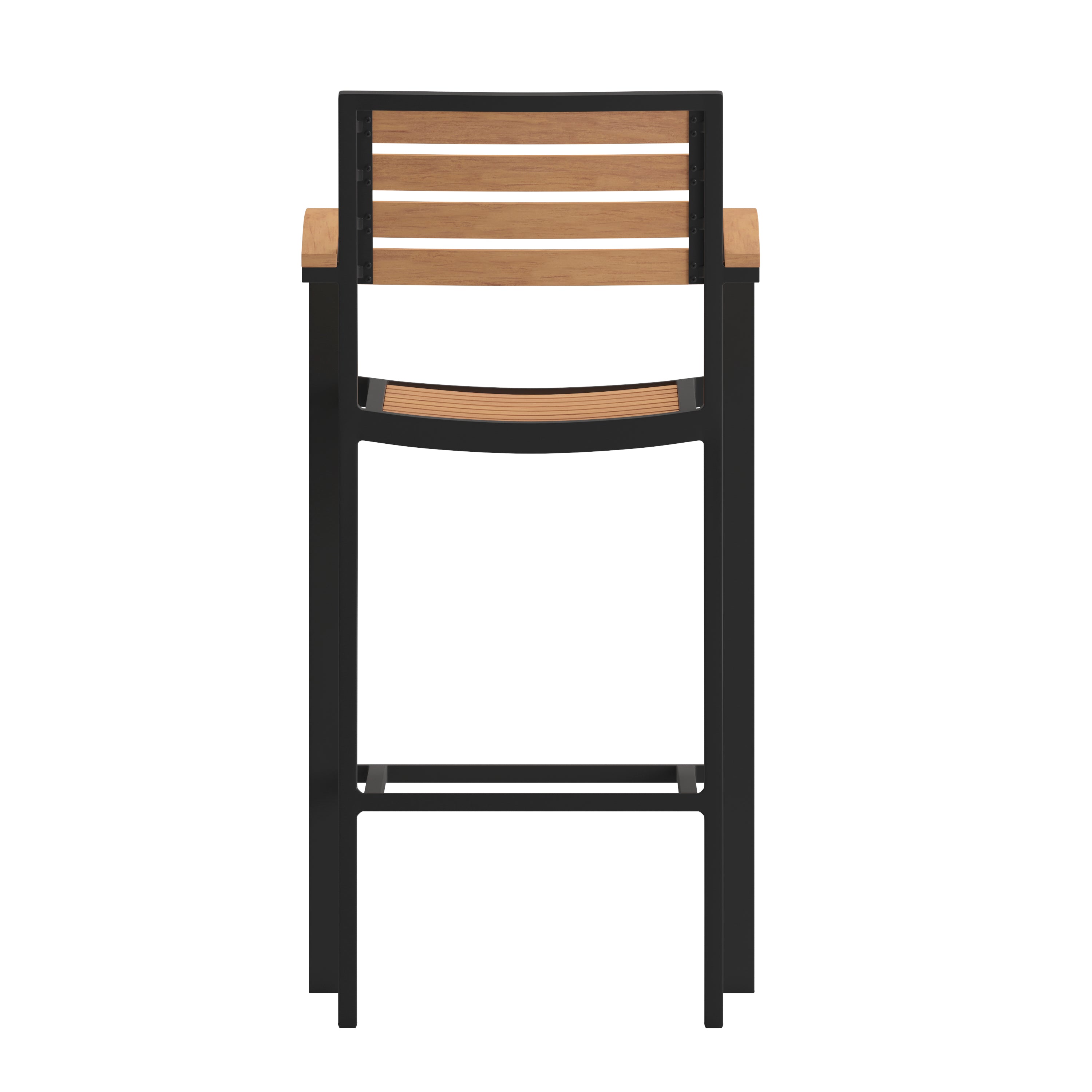 Lark Commercial Grade Bar Height Stool with Arms, All-Weather Outdoor Bar Stool with Faux Wood Poly Resin Slats and Aluminum Frame, Teak