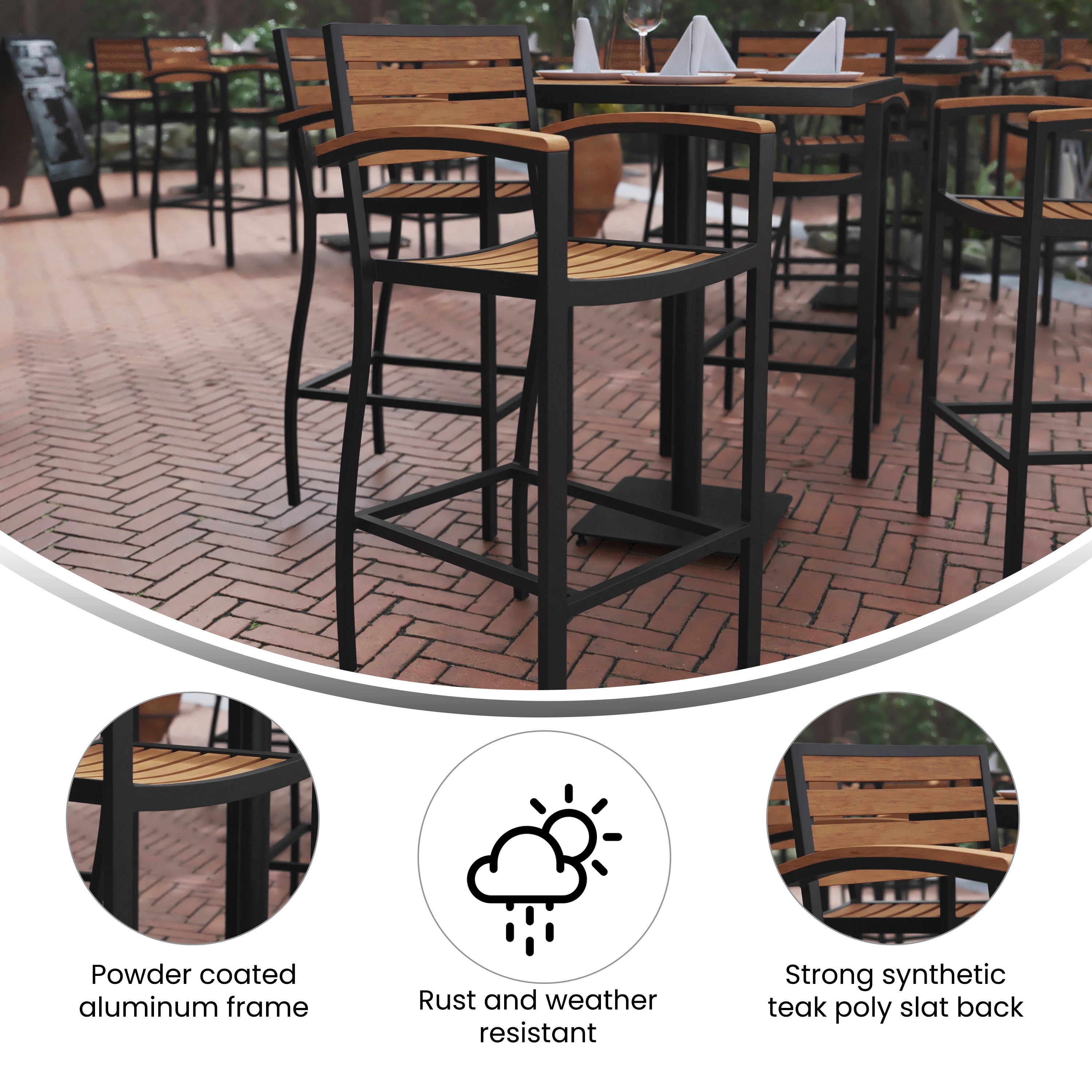 Lark Commercial Grade Bar Height Stool with Arms, All-Weather Outdoor Bar Stool with Faux Wood Poly Resin Slats and Aluminum Frame, Teak