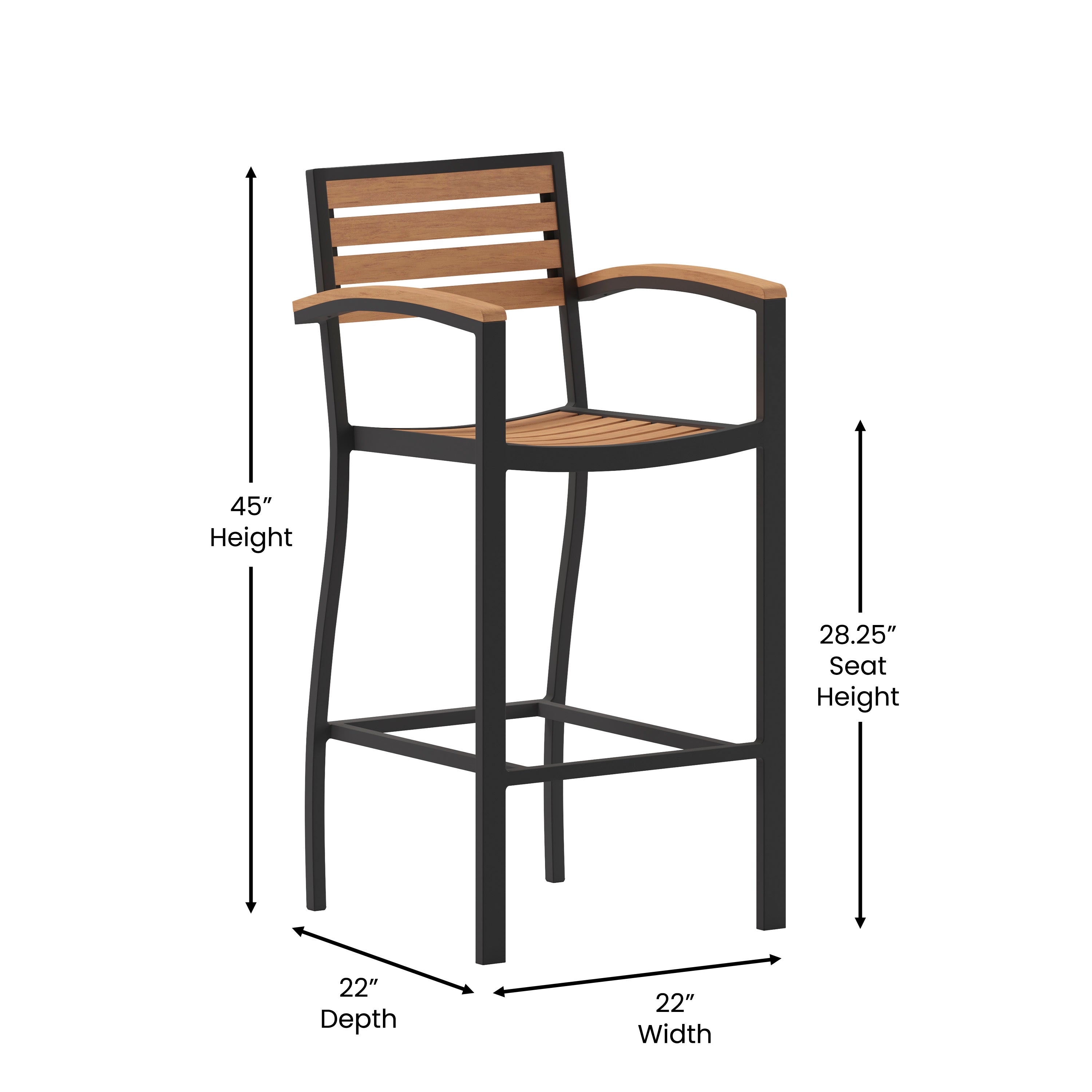 Lark Commercial Grade Bar Height Stool with Arms, All-Weather Outdoor Bar Stool with Faux Wood Poly Resin Slats and Aluminum Frame, Teak