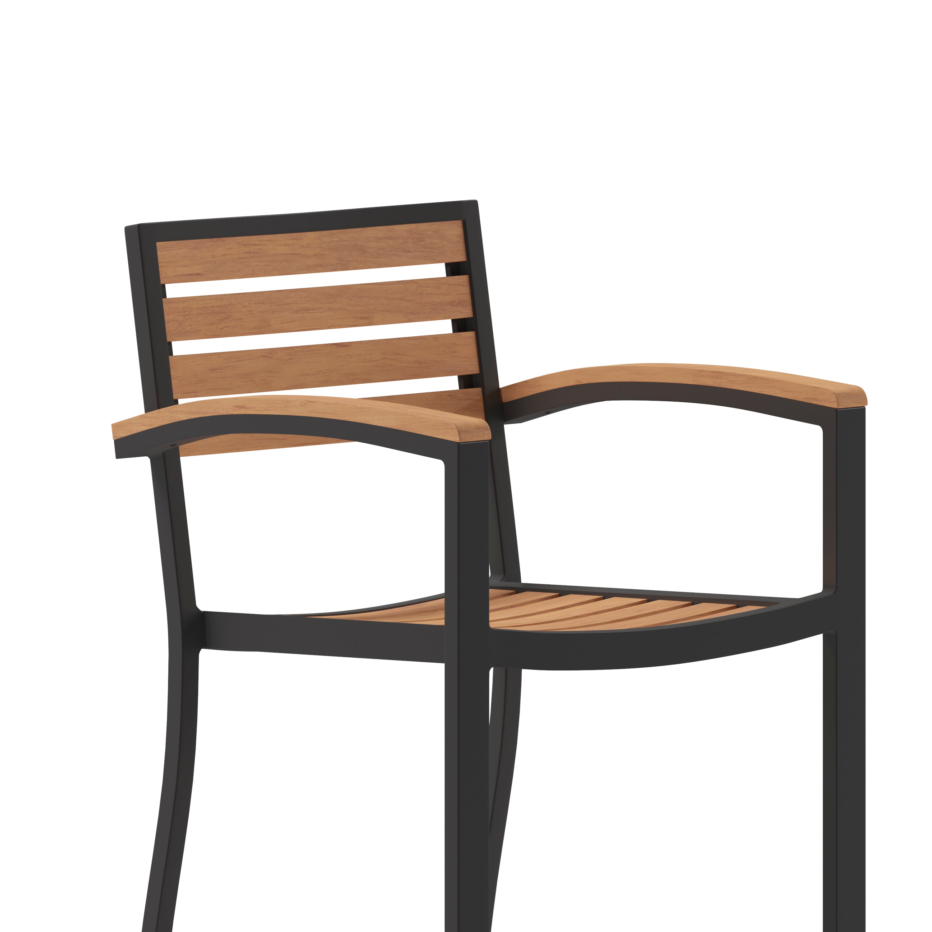 Lark Commercial Grade Bar Height Stool with Arms, All-Weather Outdoor Bar Stool with Faux Wood Poly Resin Slats and Aluminum Frame, Teak