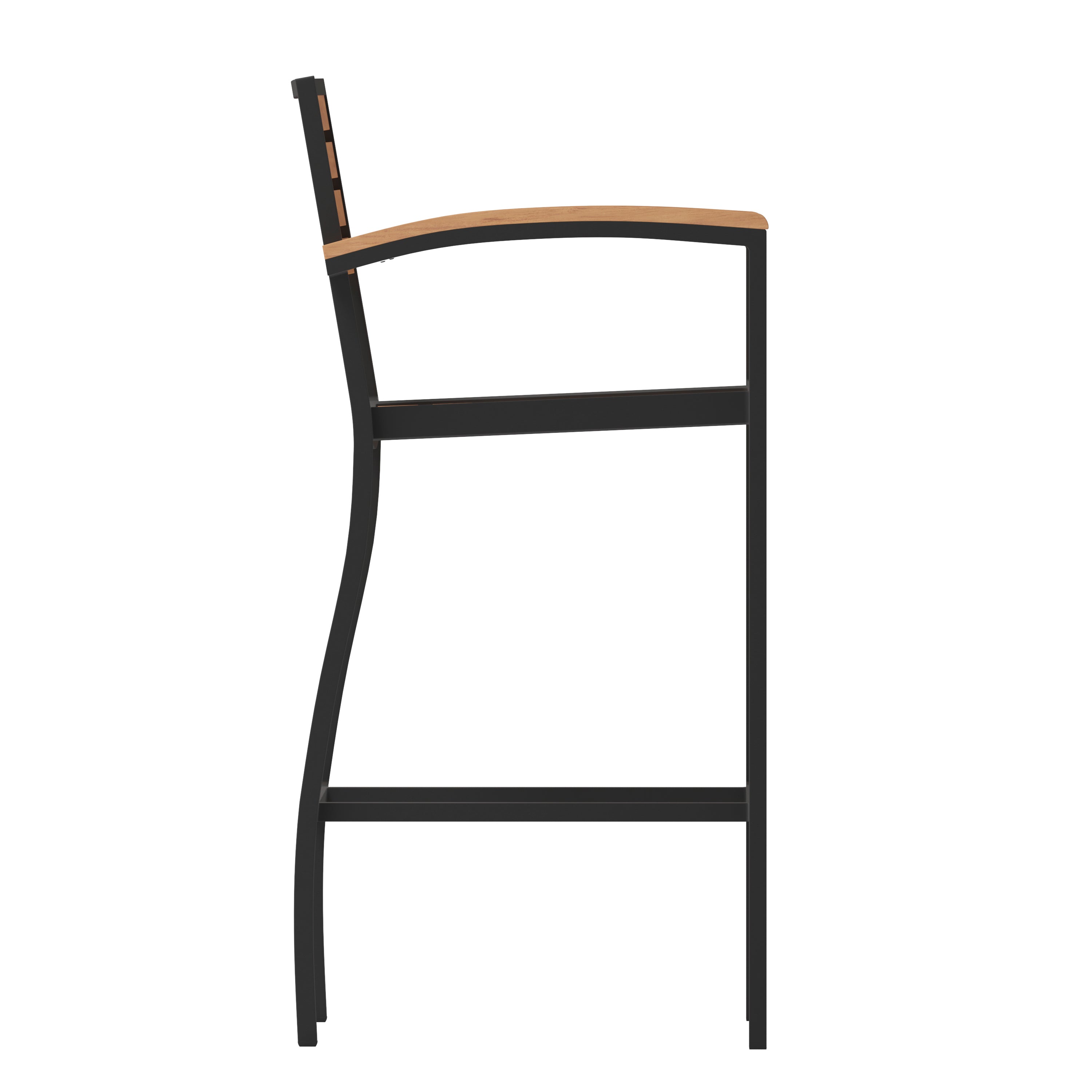 Lark Commercial Grade Bar Height Stool with Arms, All-Weather Outdoor Bar Stool with Faux Wood Poly Resin Slats and Aluminum Frame, Teak