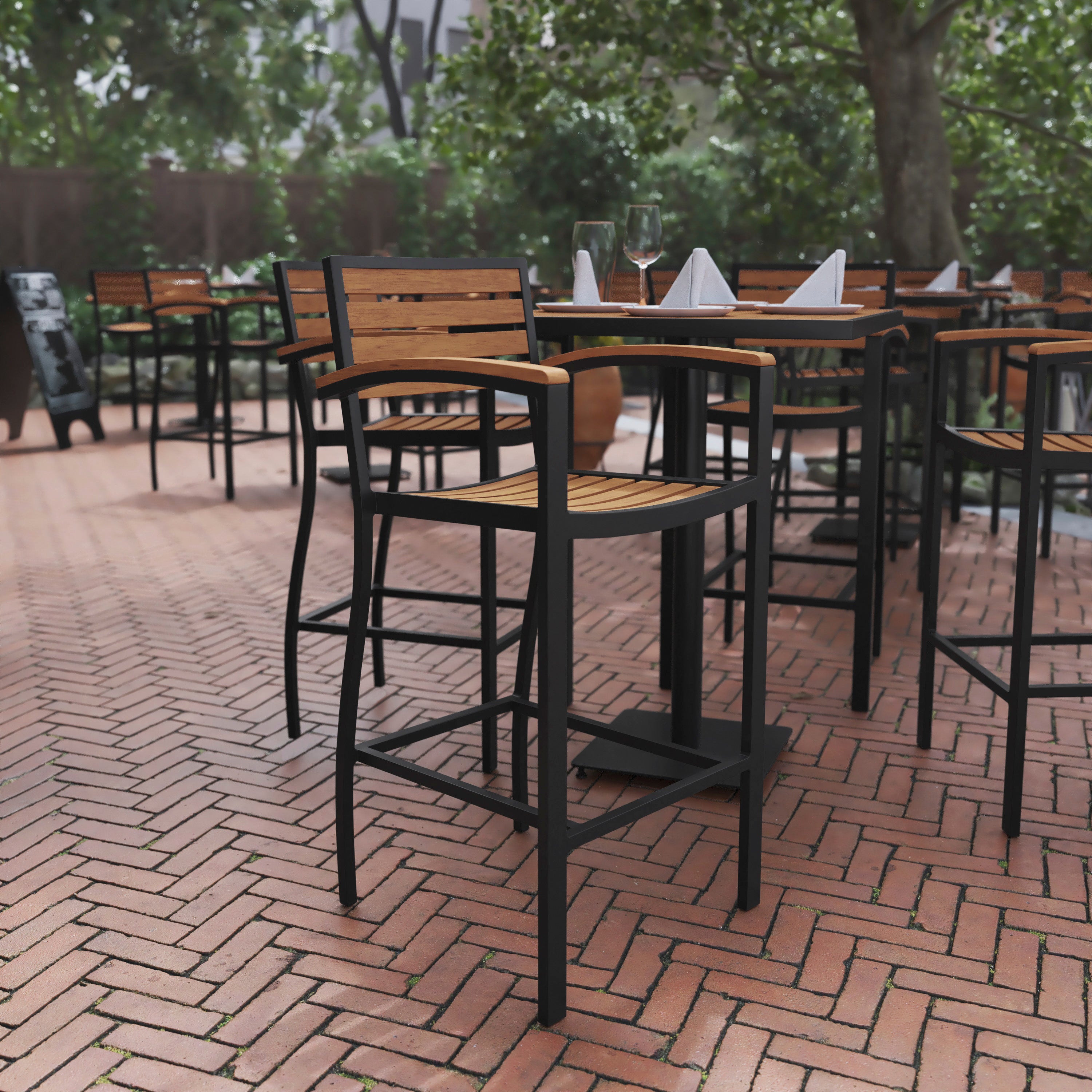 Lark Commercial Grade Bar Height Stool with Arms, All-Weather Outdoor Bar Stool with Faux Wood Poly Resin Slats and Aluminum Frame, Teak