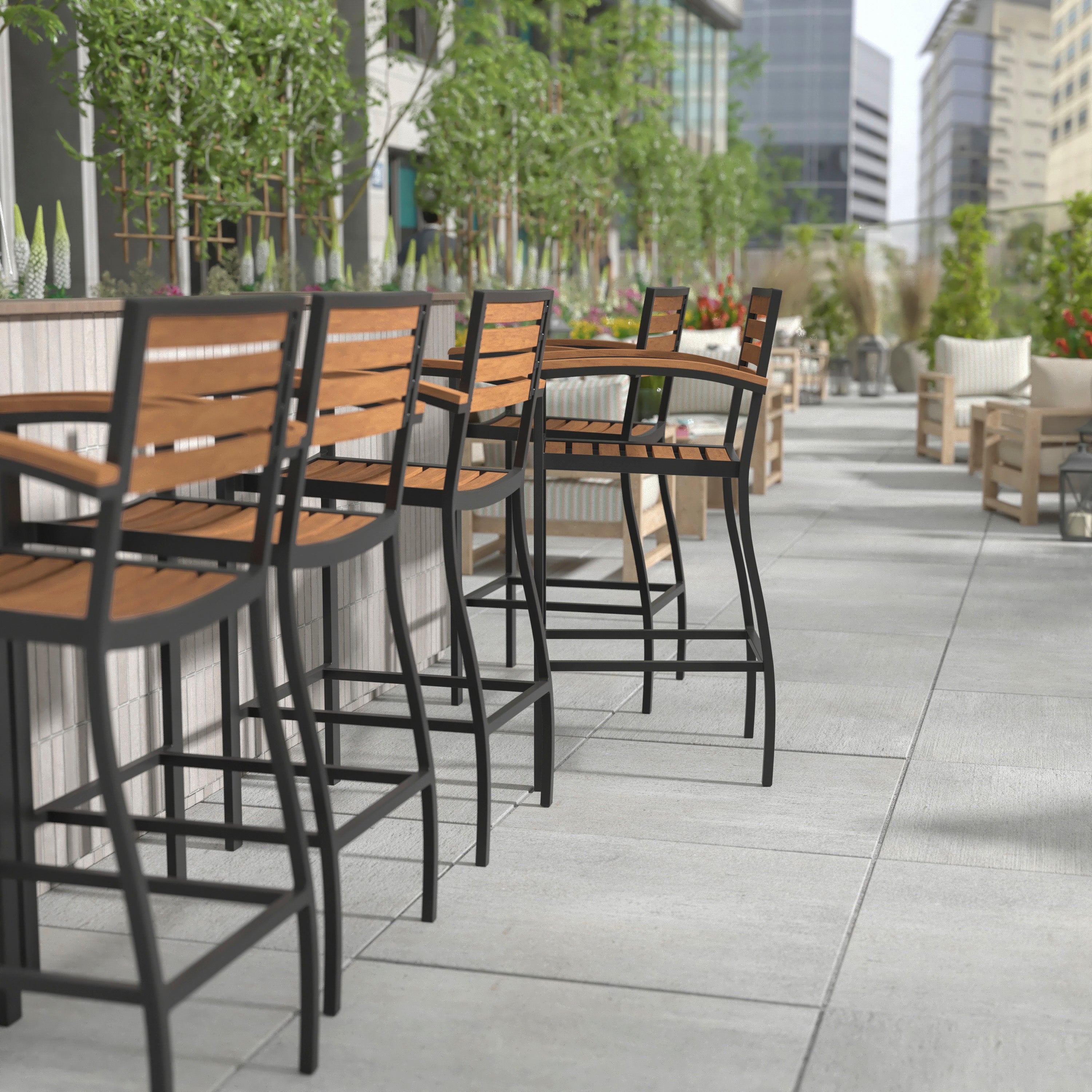 Lark Commercial Grade Bar Height Stool with Arms, All-Weather Outdoor Bar Stool with Faux Wood Poly Resin Slats and Aluminum Frame, Teak