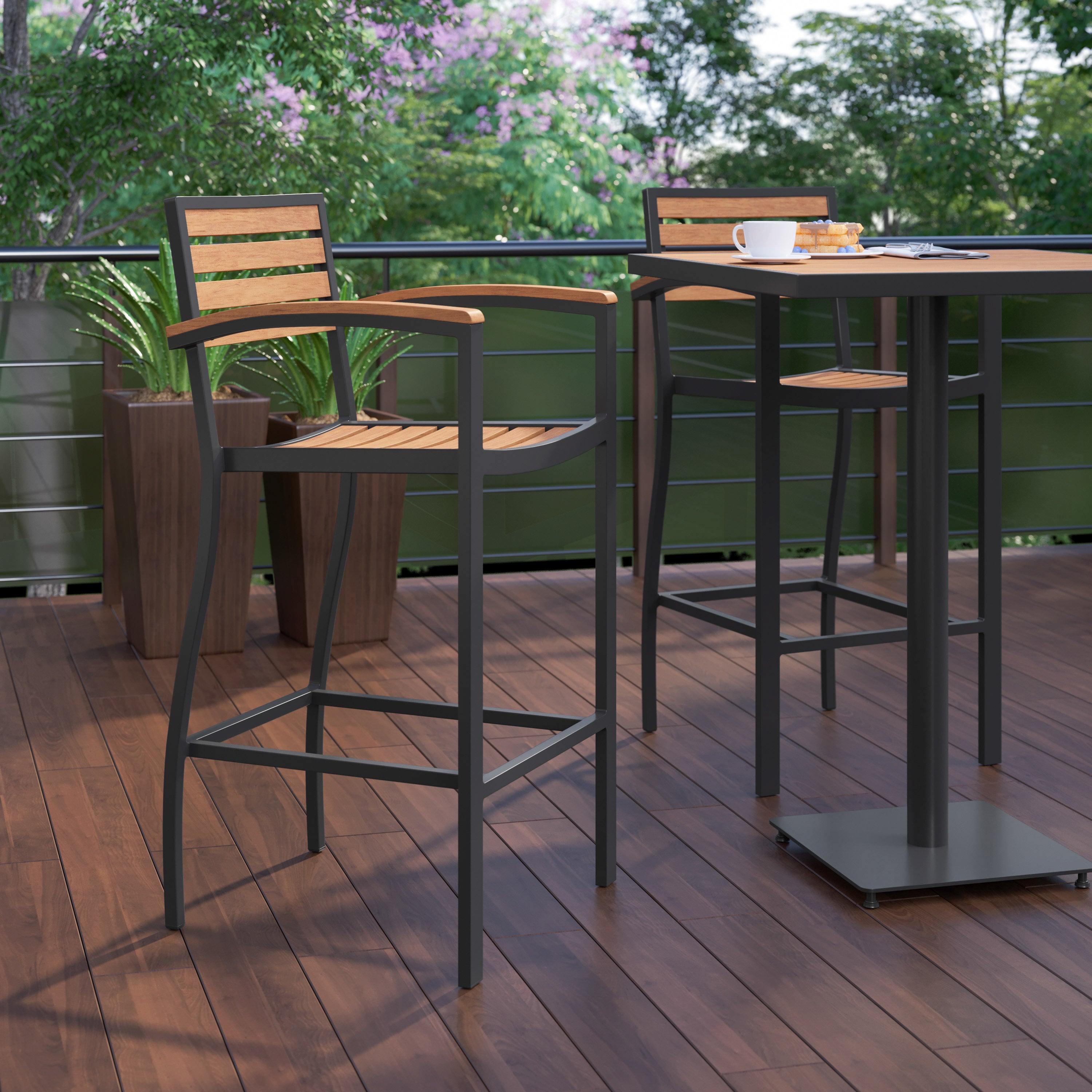 Lark Commercial Grade Bar Height Stool with Arms, All-Weather Outdoor Bar Stool with Faux Wood Poly Resin Slats and Aluminum Frame, Teak