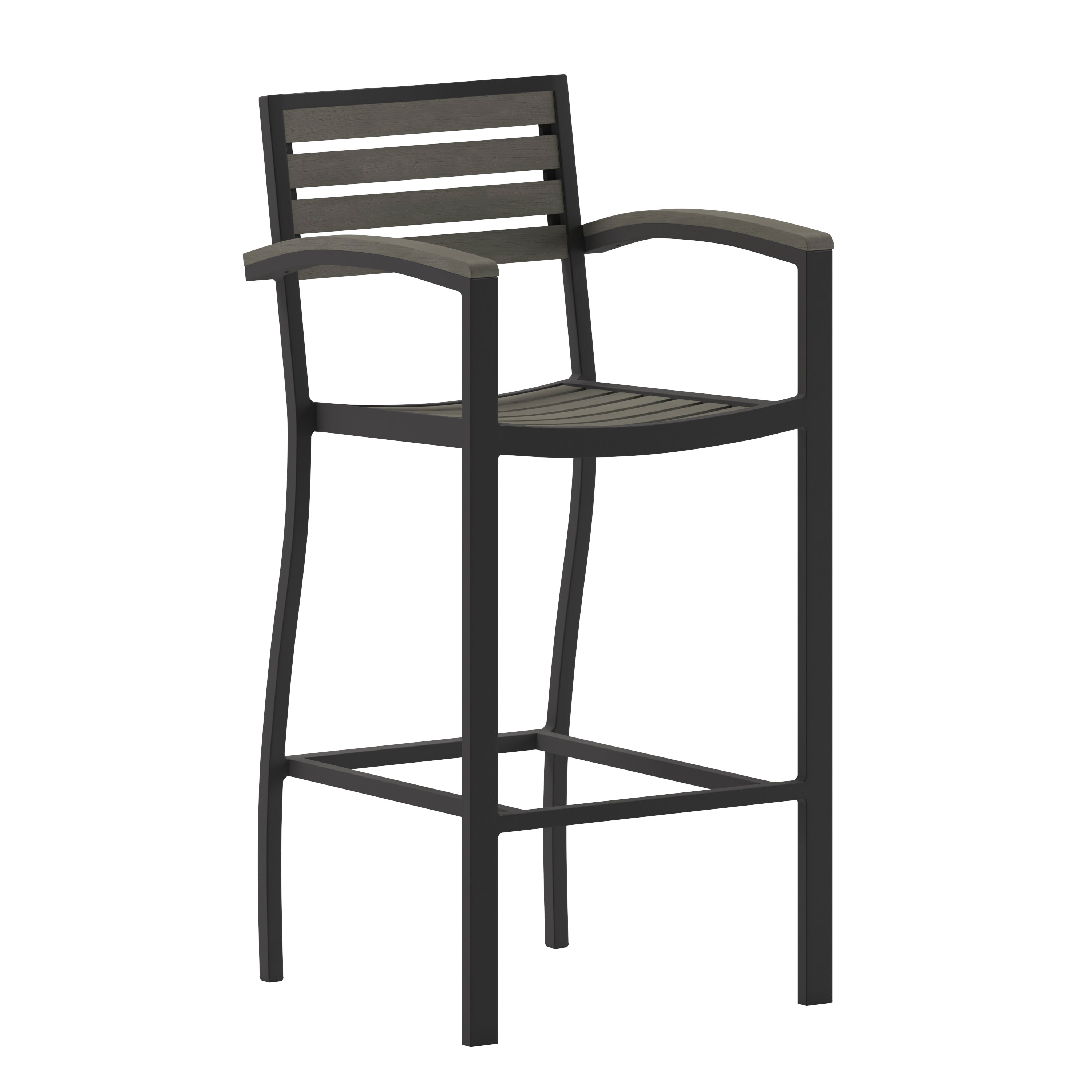 Lark Commercial Grade Bar Height Stool with Arms, All-Weather Outdoor Bar Stool with Faux Wood Poly Resin Slats and Aluminum Frame, Gray Wash