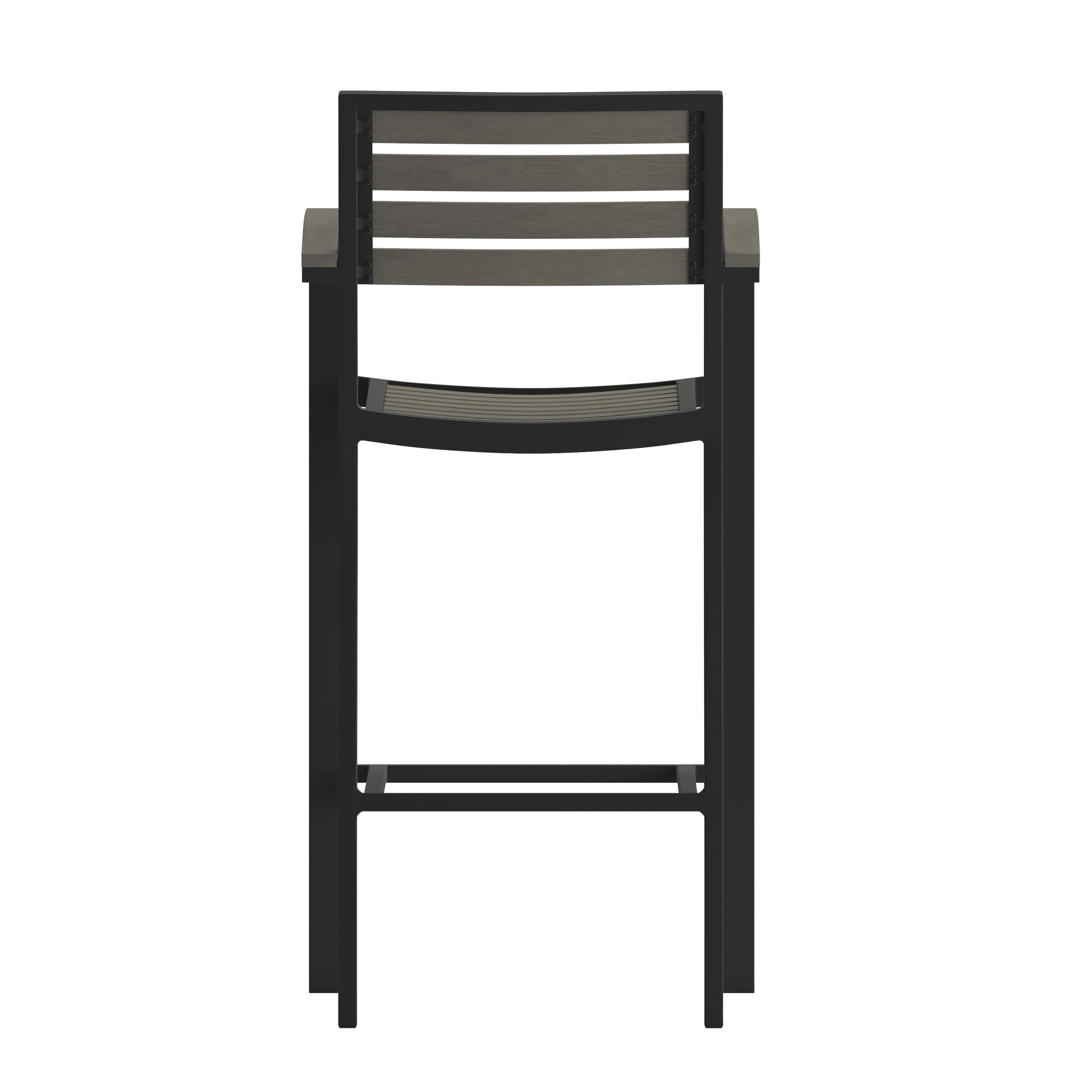 Lark Commercial Grade Bar Height Stool with Arms, All-Weather Outdoor Bar Stool with Faux Wood Poly Resin Slats and Aluminum Frame, Gray Wash