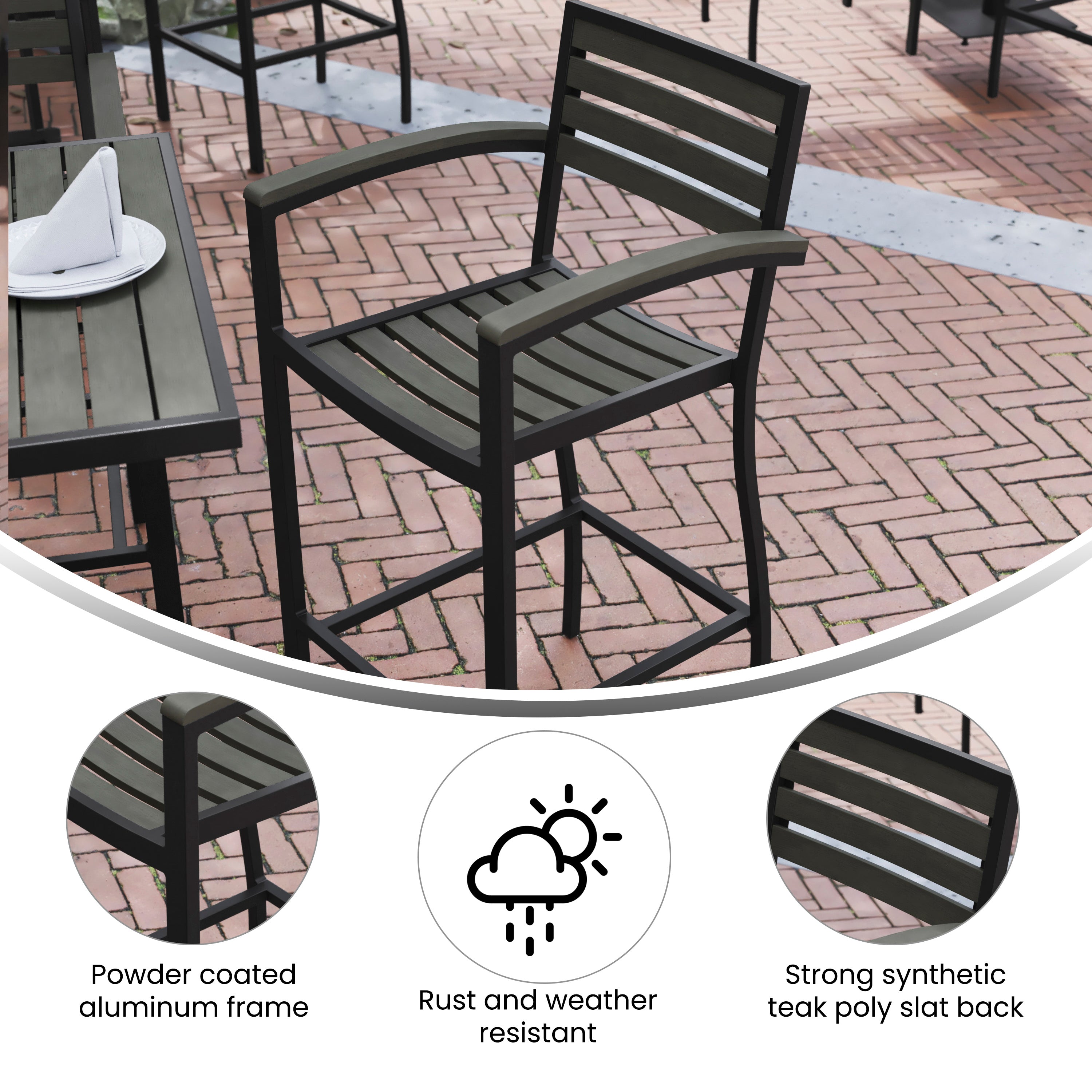 Lark Commercial Grade Bar Height Stool with Arms, All-Weather Outdoor Bar Stool with Faux Wood Poly Resin Slats and Aluminum Frame, Gray Wash