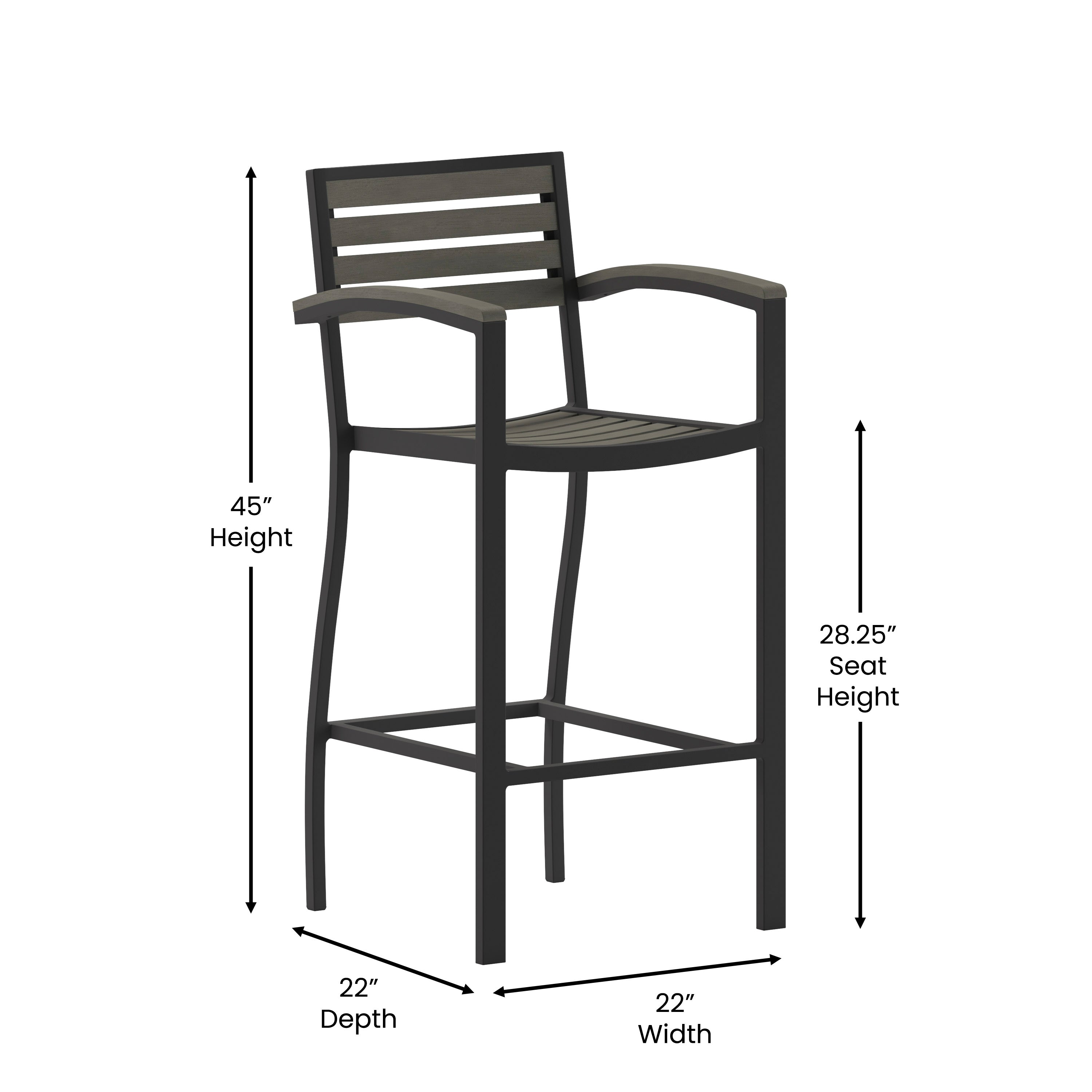 Lark Commercial Grade Bar Height Stool with Arms, All-Weather Outdoor Bar Stool with Faux Wood Poly Resin Slats and Aluminum Frame, Gray Wash