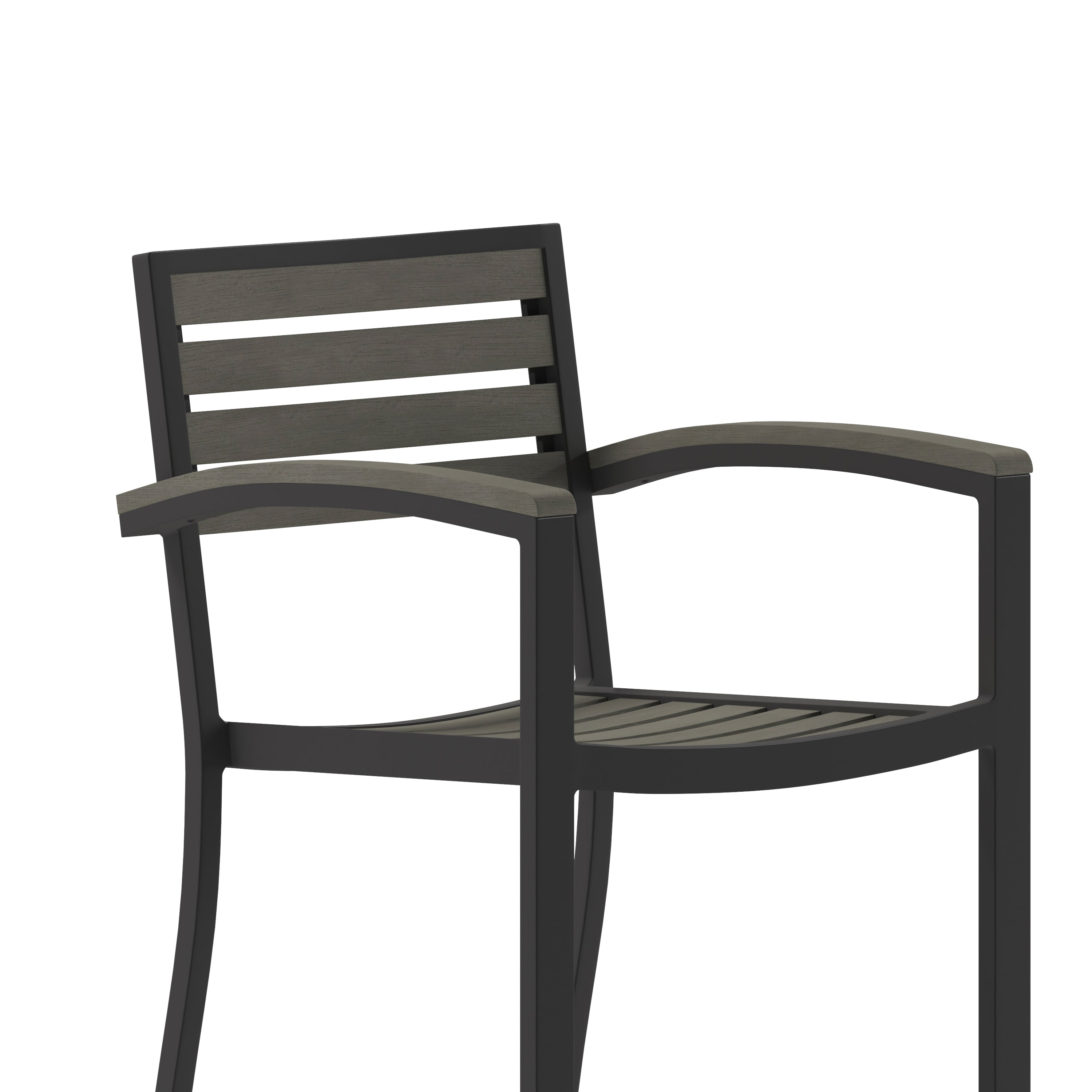 Lark Commercial Grade Bar Height Stool with Arms, All-Weather Outdoor Bar Stool with Faux Wood Poly Resin Slats and Aluminum Frame, Gray Wash