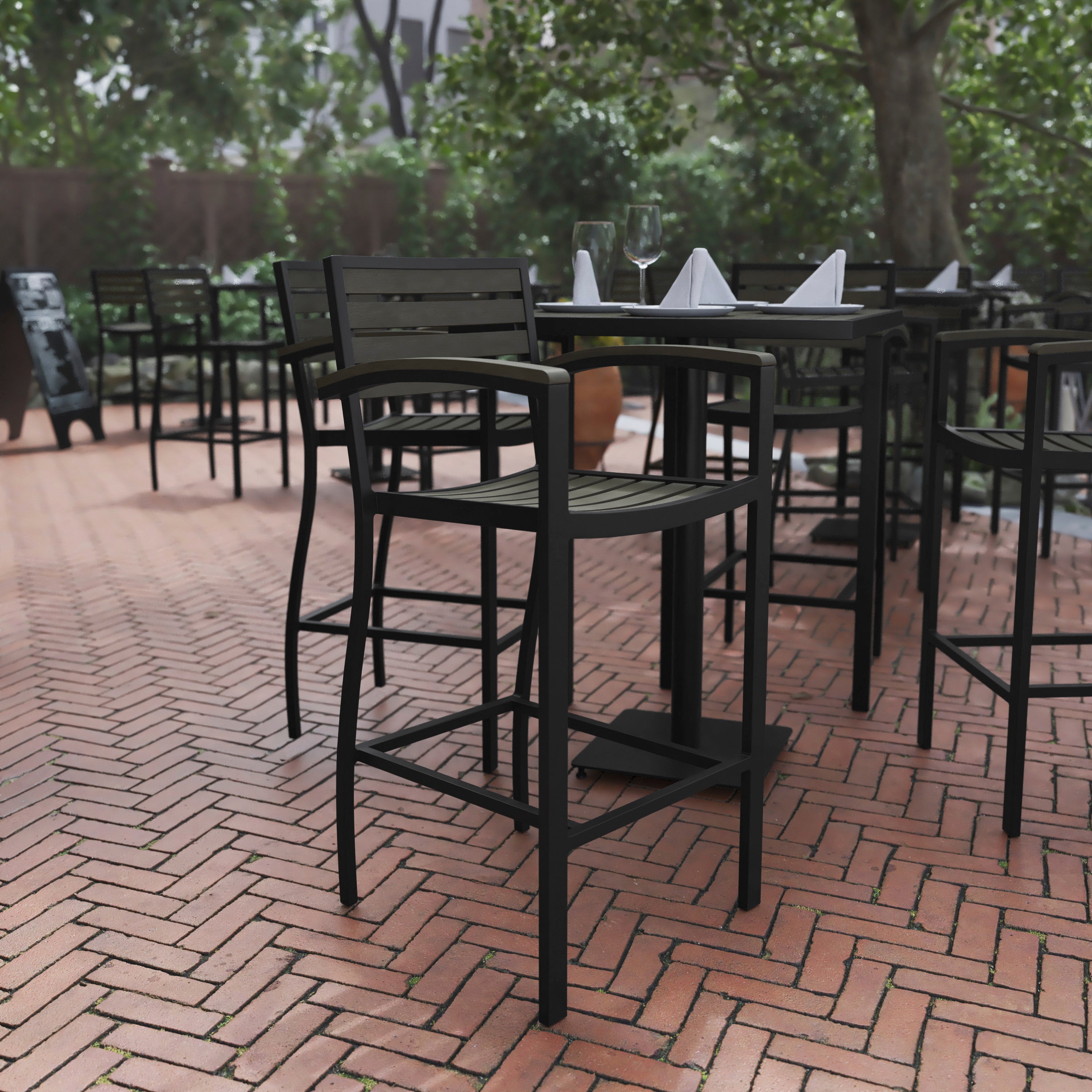 Lark Commercial Grade Bar Height Stool with Arms, All-Weather Outdoor Bar Stool with Faux Wood Poly Resin Slats and Aluminum Frame, Gray Wash