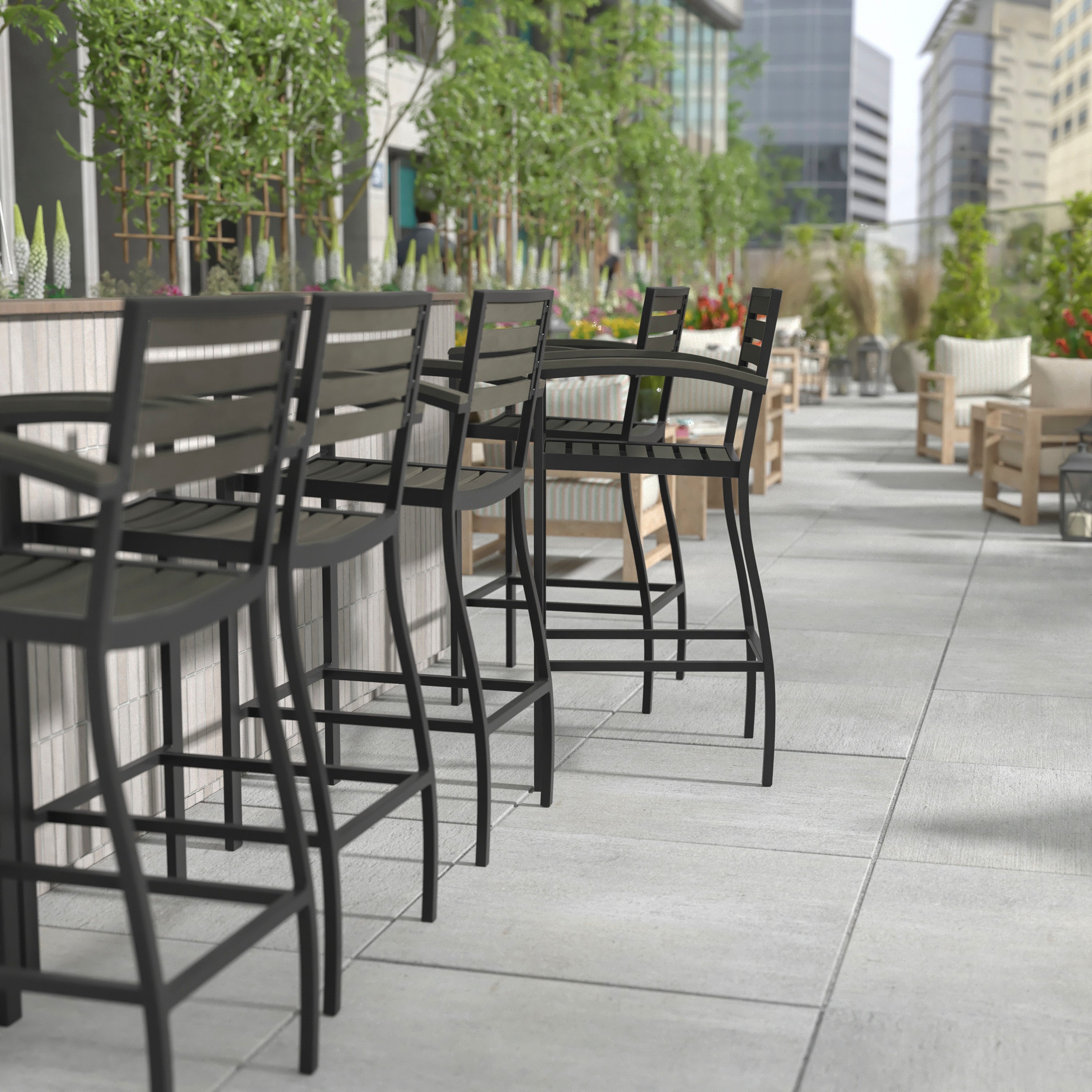 Lark Commercial Grade Bar Height Stool with Arms, All-Weather Outdoor Bar Stool with Faux Wood Poly Resin Slats and Aluminum Frame, Gray Wash