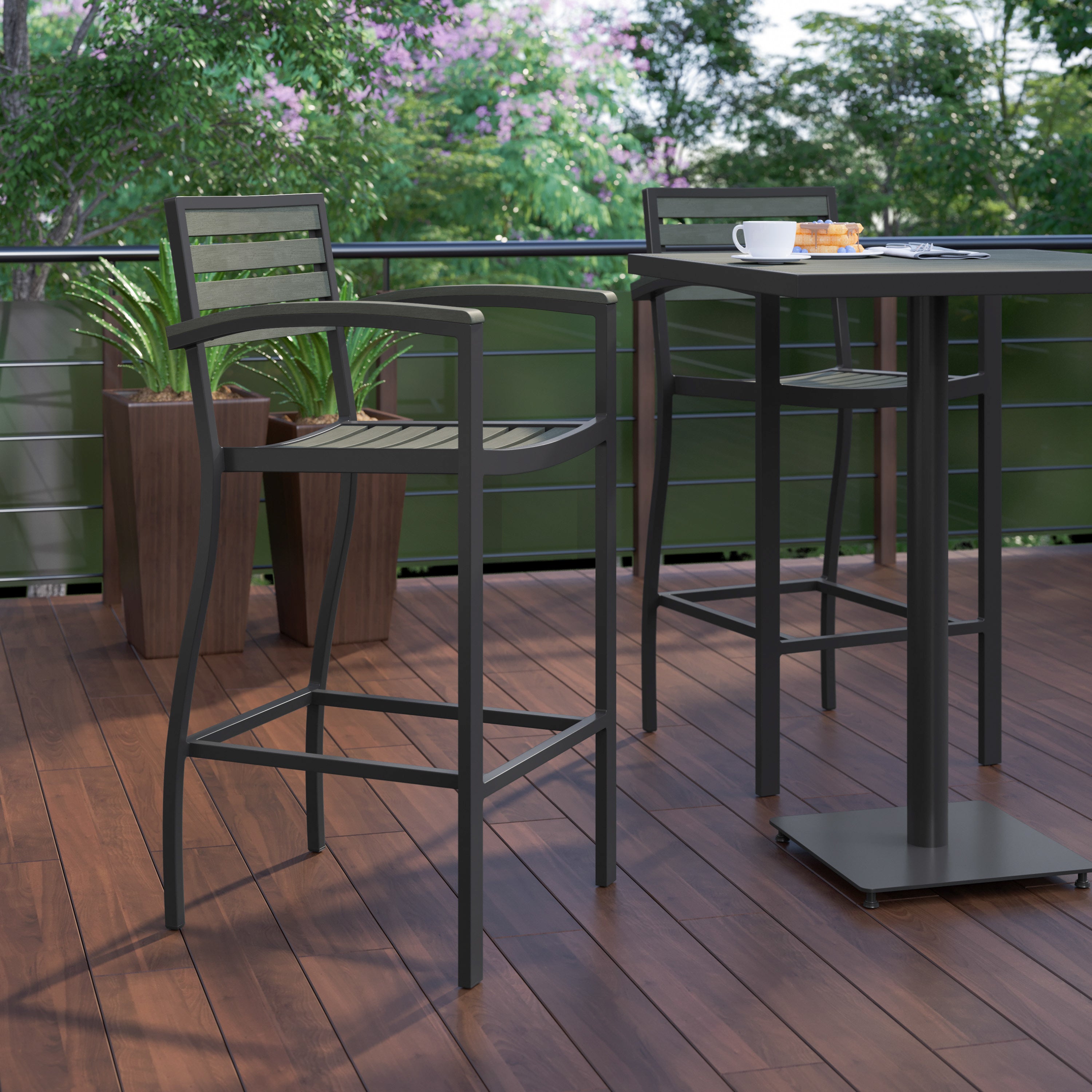 Lark Commercial Grade Bar Height Stool with Arms, All-Weather Outdoor Bar Stool with Faux Wood Poly Resin Slats and Aluminum Frame, Gray Wash