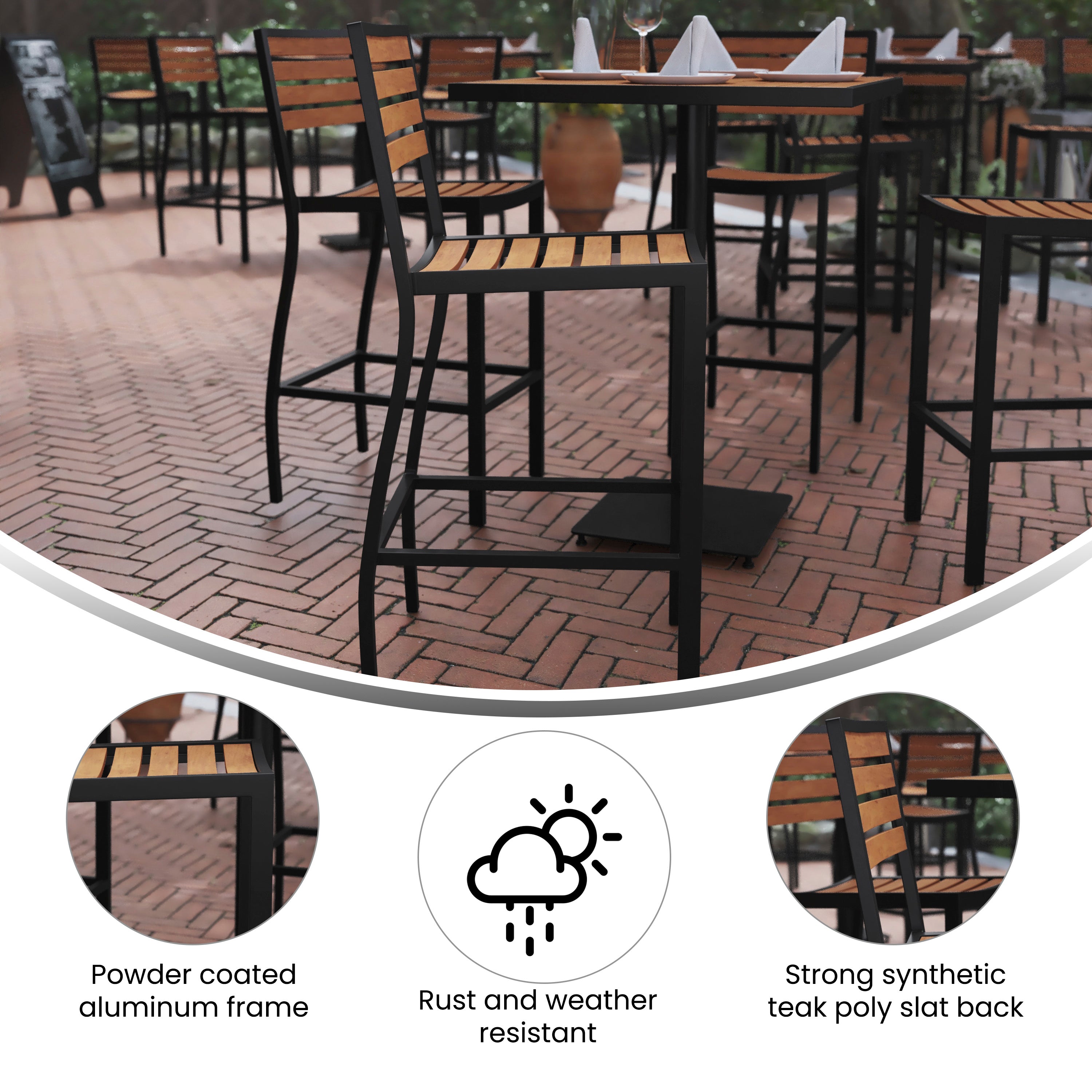 Lark Commercial Grade Bar Height Stool, All-Weather Outdoor Bar Stool with Faux Wood Poly Resin Slats and Aluminum Frame, Teak