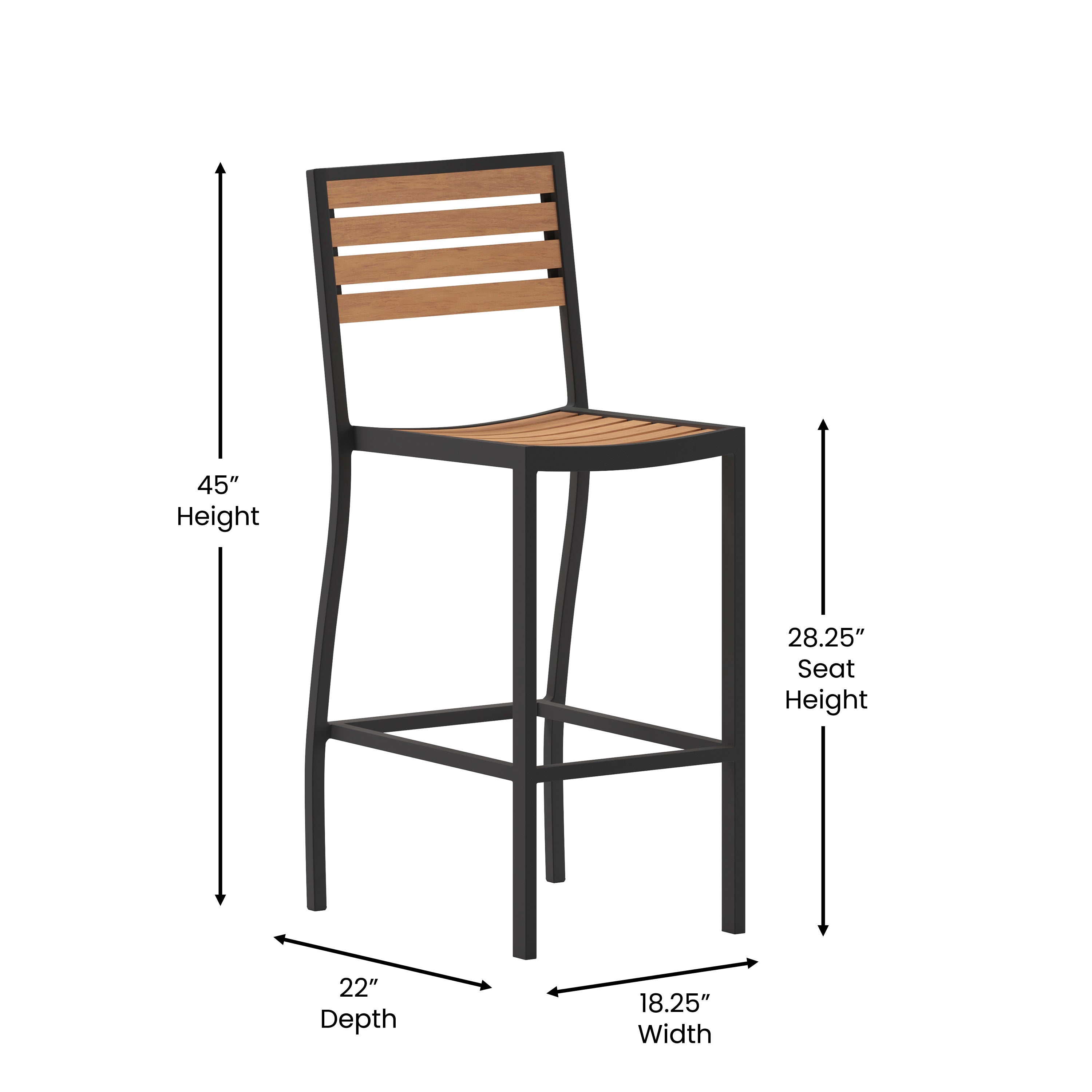 Lark Commercial Grade Bar Height Stool, All-Weather Outdoor Bar Stool with Faux Wood Poly Resin Slats and Aluminum Frame, Teak