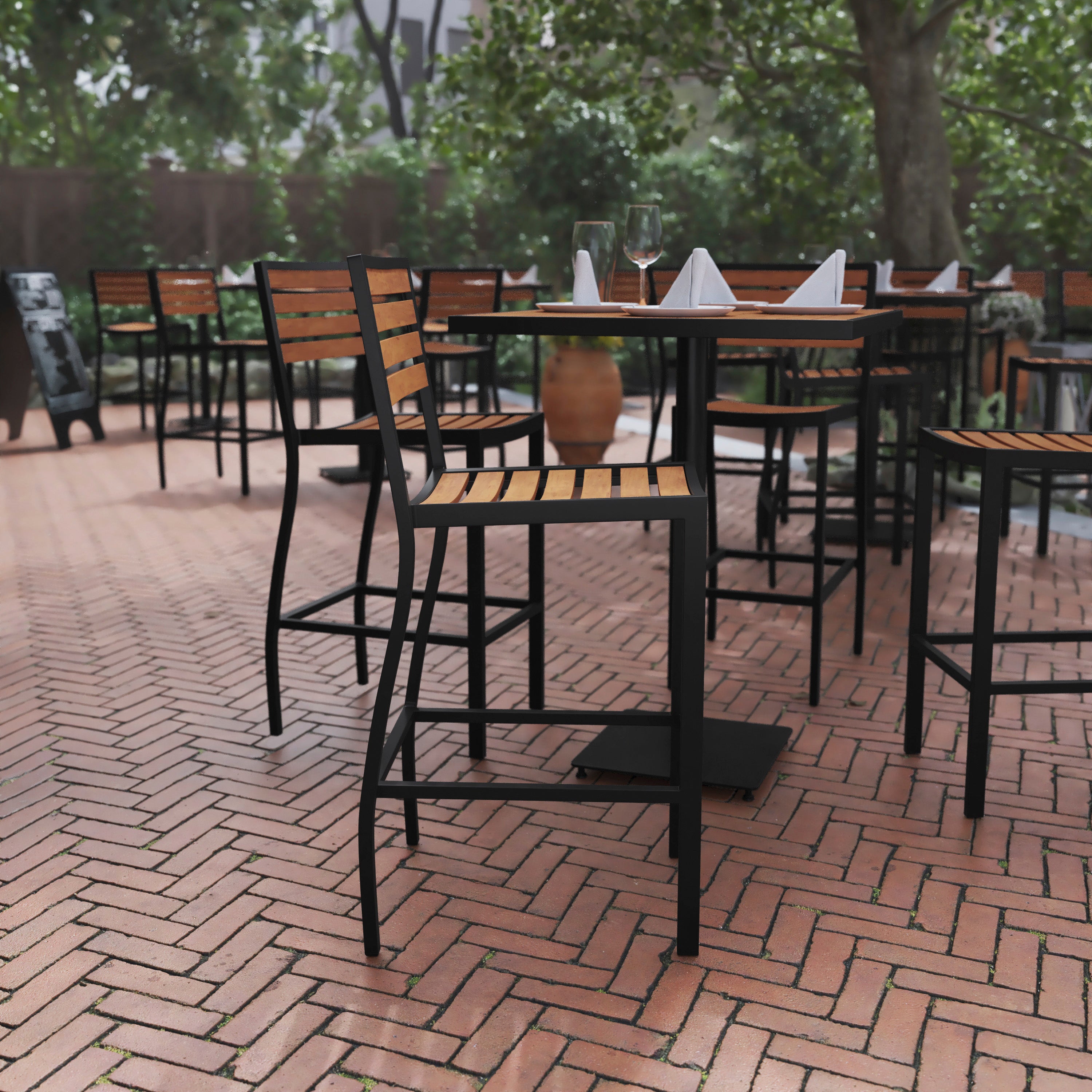 Lark Commercial Grade Bar Height Stool, All-Weather Outdoor Bar Stool with Faux Wood Poly Resin Slats and Aluminum Frame, Teak