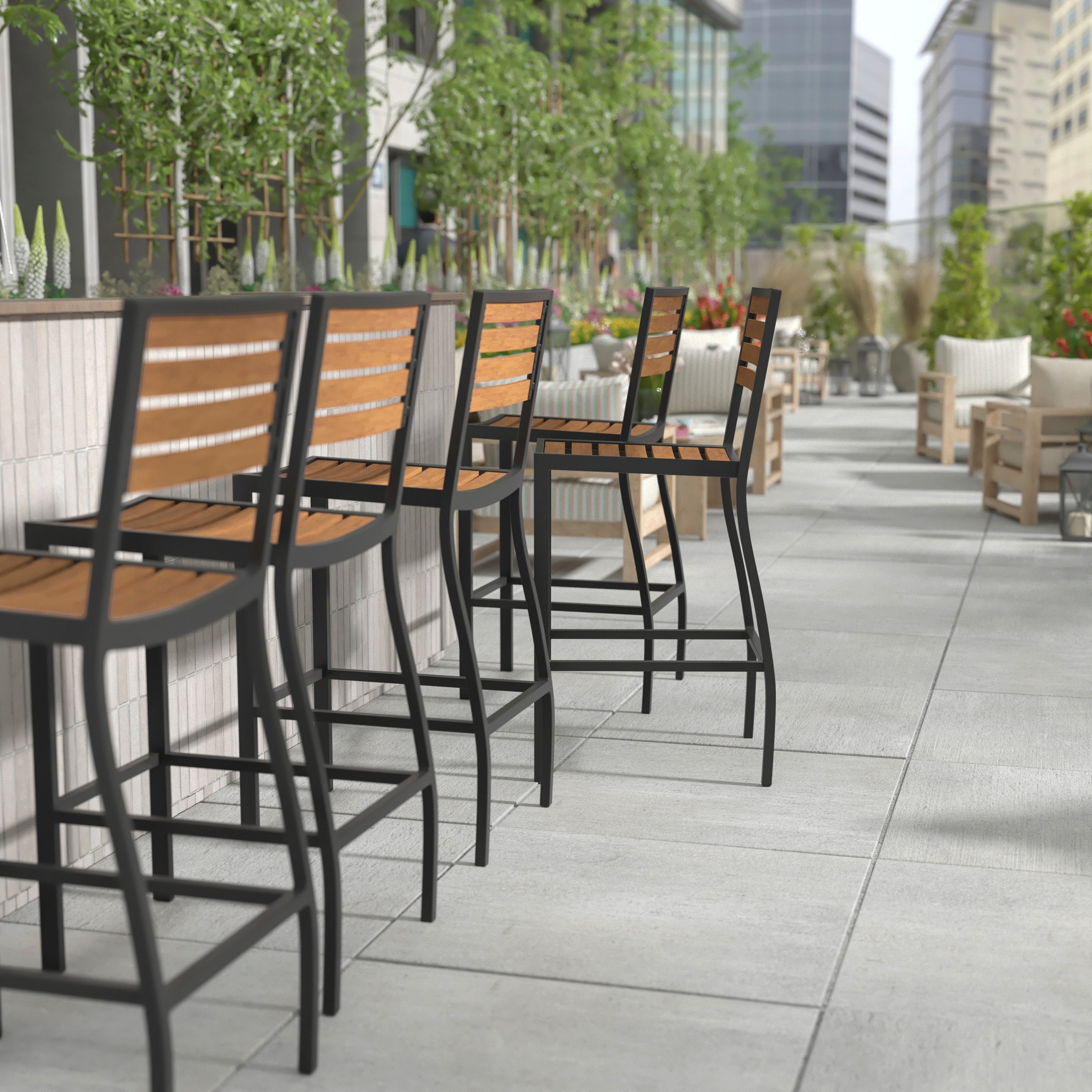 Lark Commercial Grade Bar Height Stool, All-Weather Outdoor Bar Stool with Faux Wood Poly Resin Slats and Aluminum Frame, Teak