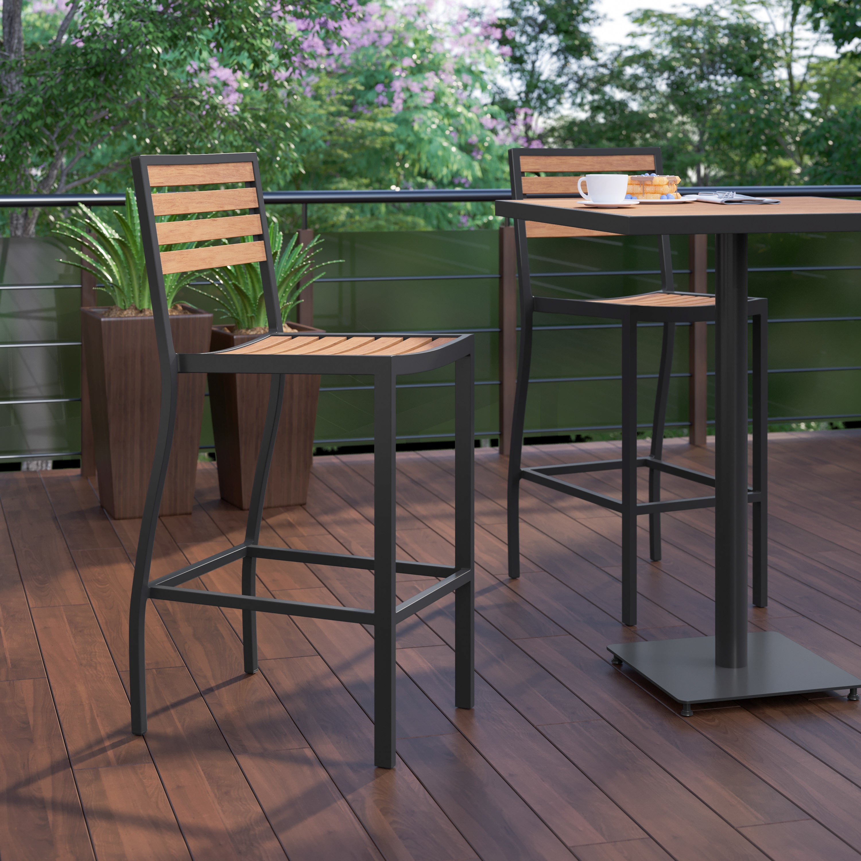 Lark Commercial Grade Bar Height Stool, All-Weather Outdoor Bar Stool with Faux Wood Poly Resin Slats and Aluminum Frame, Teak