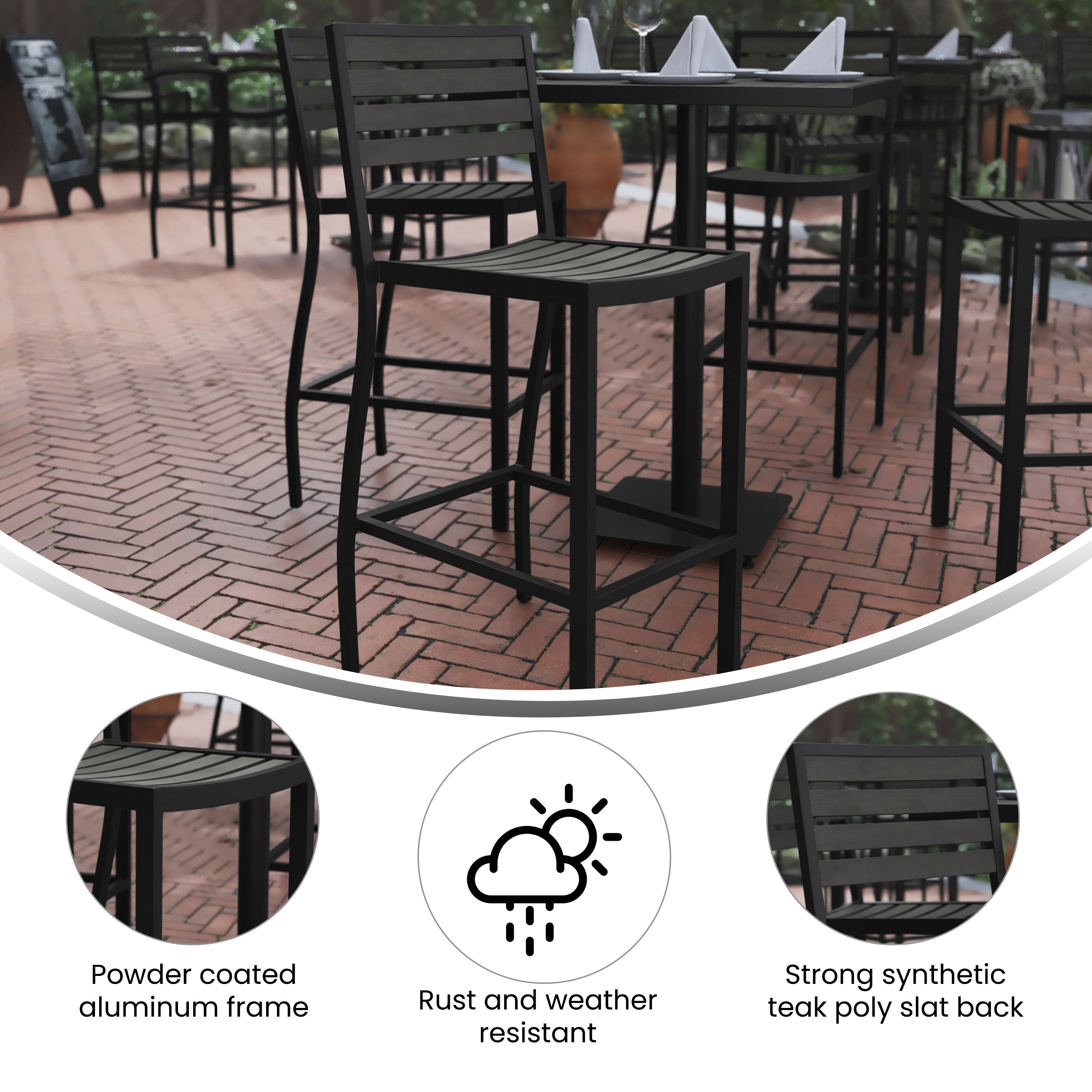 Lark Commercial Grade Bar Height Stool, All-Weather Outdoor Bar Stool with Faux Wood Poly Resin Slats and Aluminum Frame, Gray Wash
